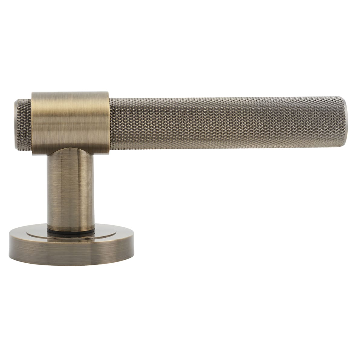 Antique Brass Knurled Door Handles on Round Rose - Esme Range - view 3