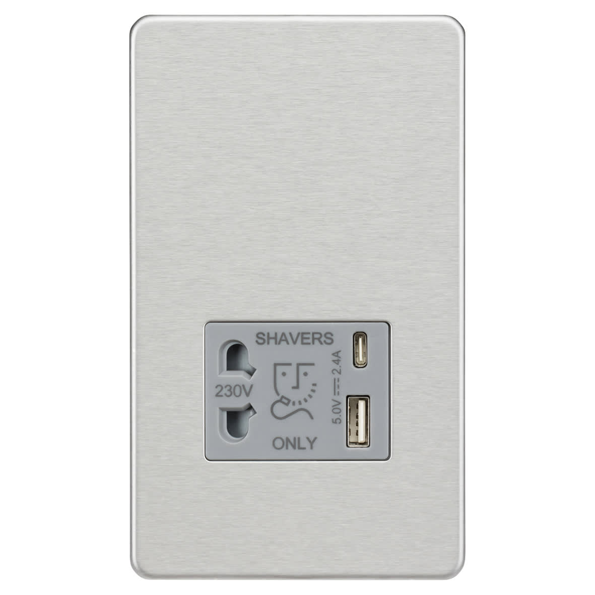 230V Shaver Socket with Type A/C USB Ports - 2.4A - Brushed Chrome with Grey Insert - view 2