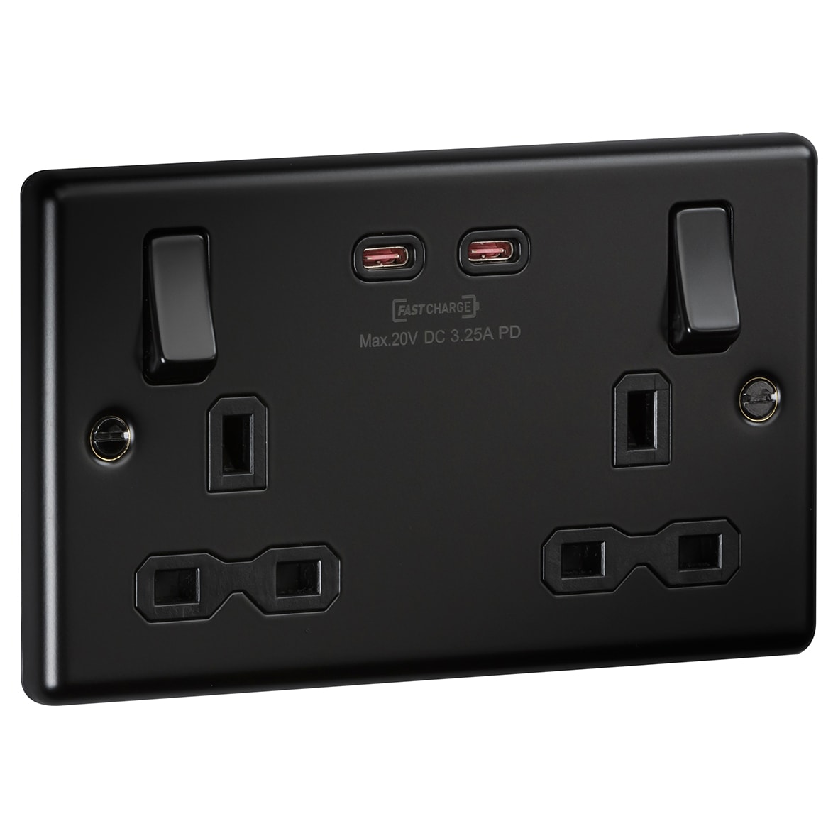 13A 2 Gang Round Edge Type A/C 65W Fastcharge USB Socket with 2 x USB - Matt Black - view 2