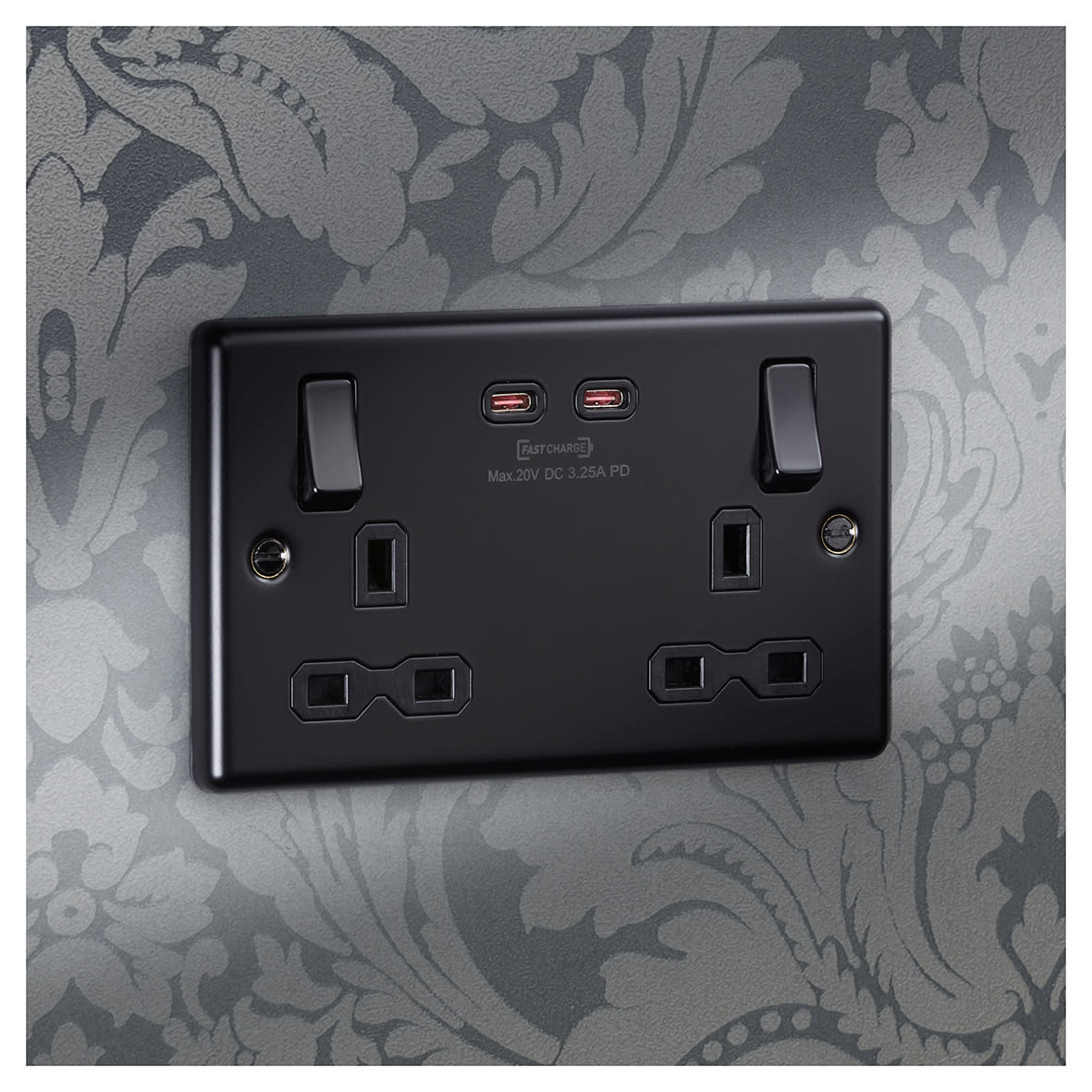 13A 2 Gang Round Edge Type A/C 65W Fastcharge USB Socket with 2 x USB - Matt Black - view 4