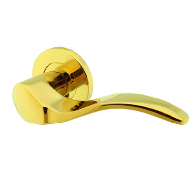 PVD Brass Scroll Door Handles on Round Rose - Swept 2 Range - view 2
