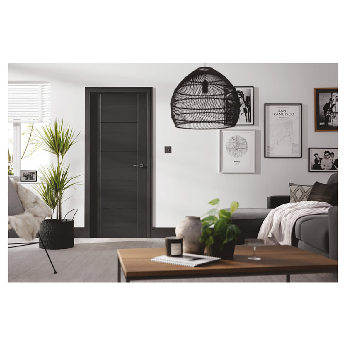 Satin Nickel Latch Door Handles on Rose Pack - Ariel Range - view 2