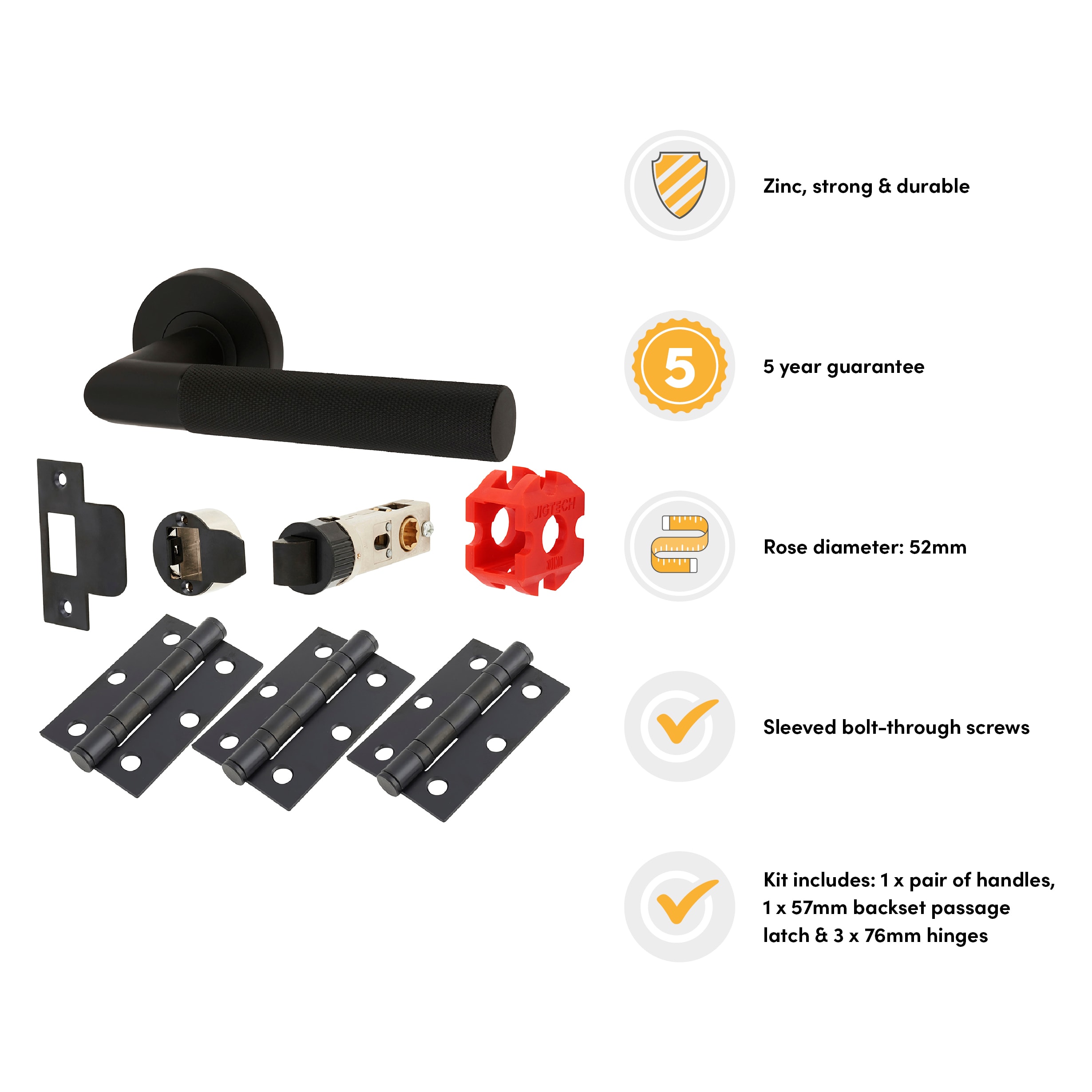 Matt Black Knurled Latch Door Handles on Rose Pack - Passage - Tactil Range - view 2