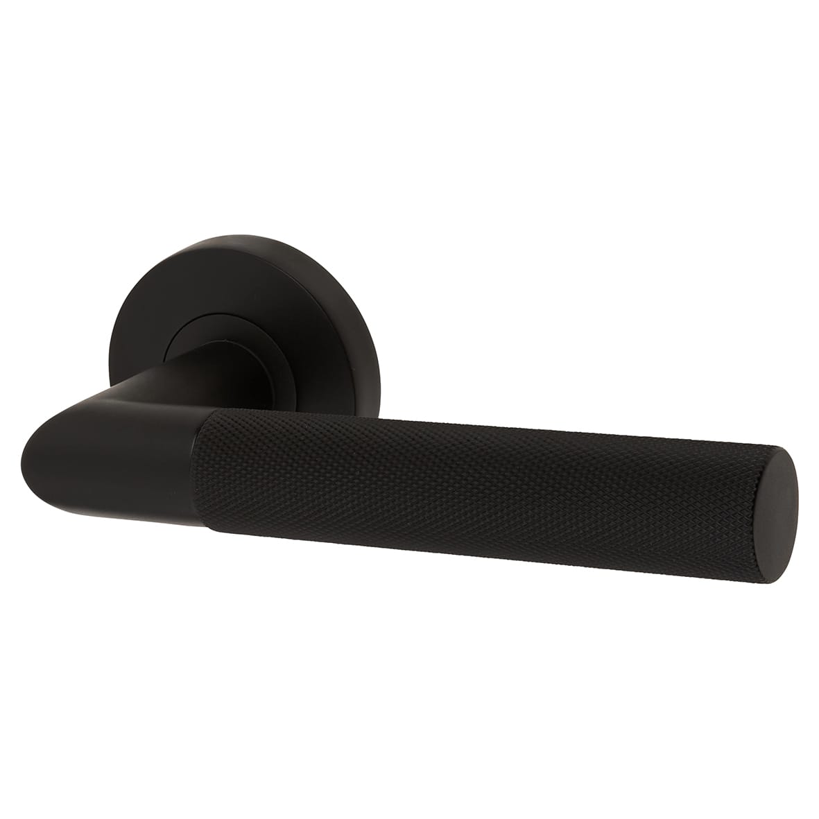 Matt Black Knurled Latch Door Handles on Rose Pack - Passage - Tactil Range - view 3