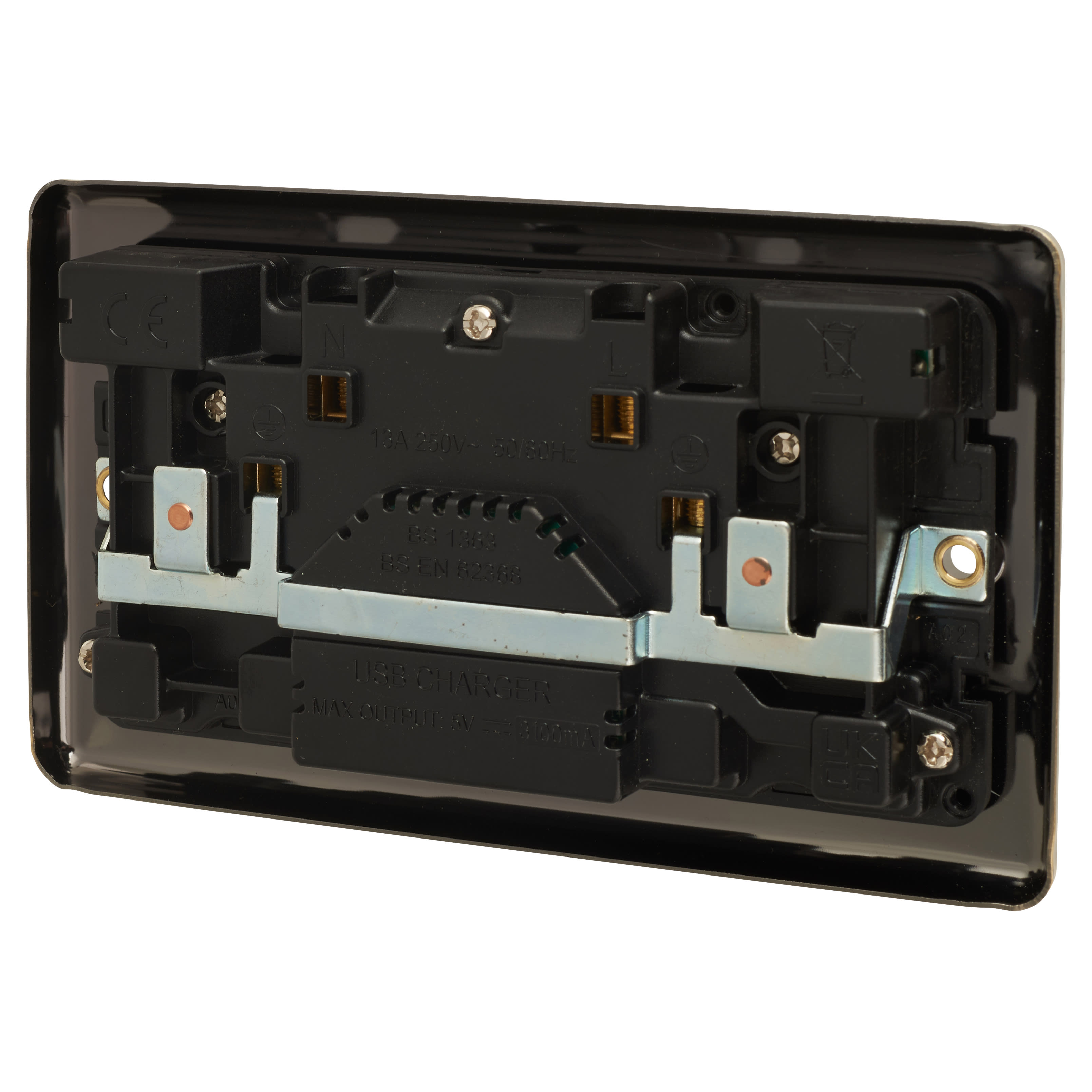 Enhance Decorative 13A 2 Gang USB Socket with 2 x USB - 3.1A - Antique Brass/Black Inserts - view 3