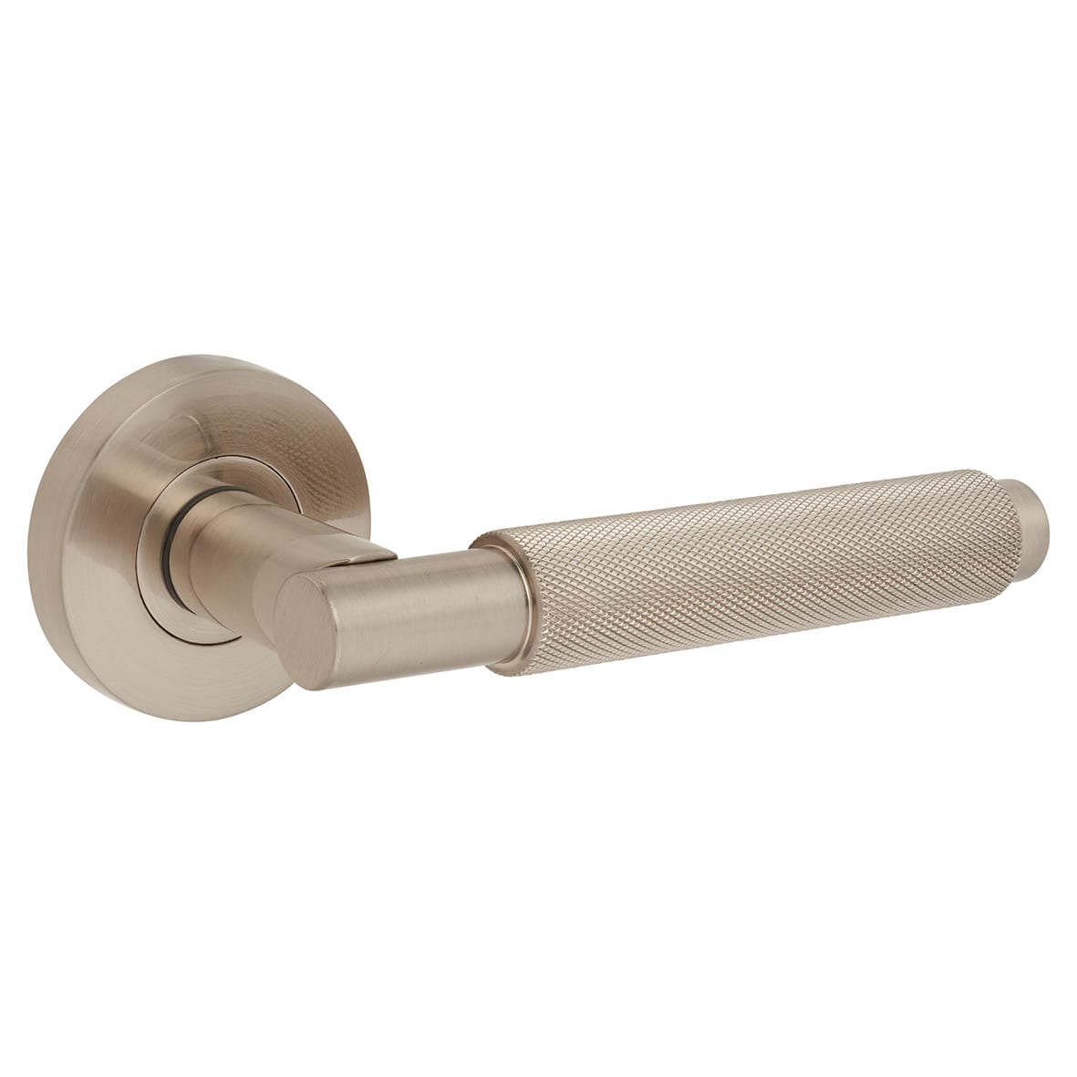 Satin Nickel Knurled Door Handles on Round Rose - Textura Range - view 2