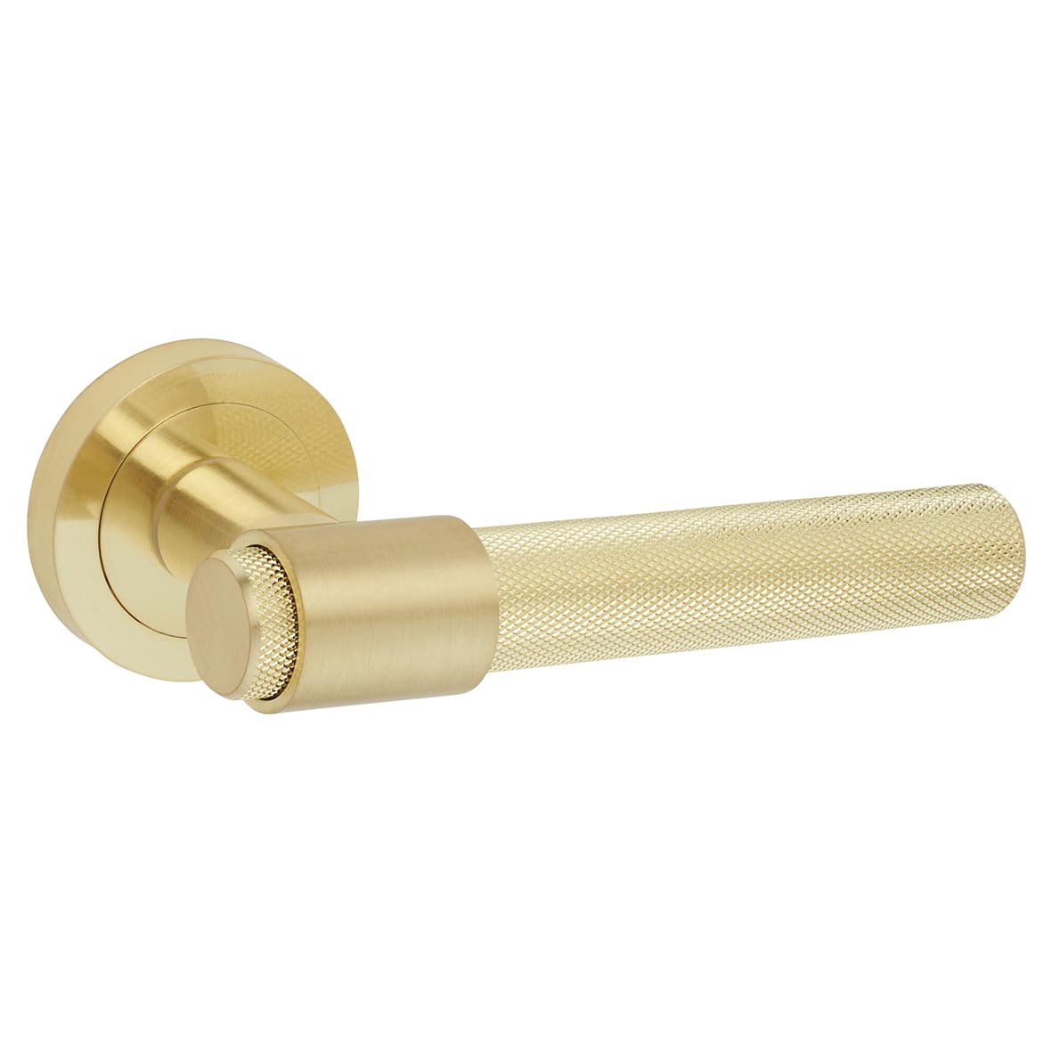 Satin Brass Knurled Door Handles on Round Rose - Esme Range - view 2