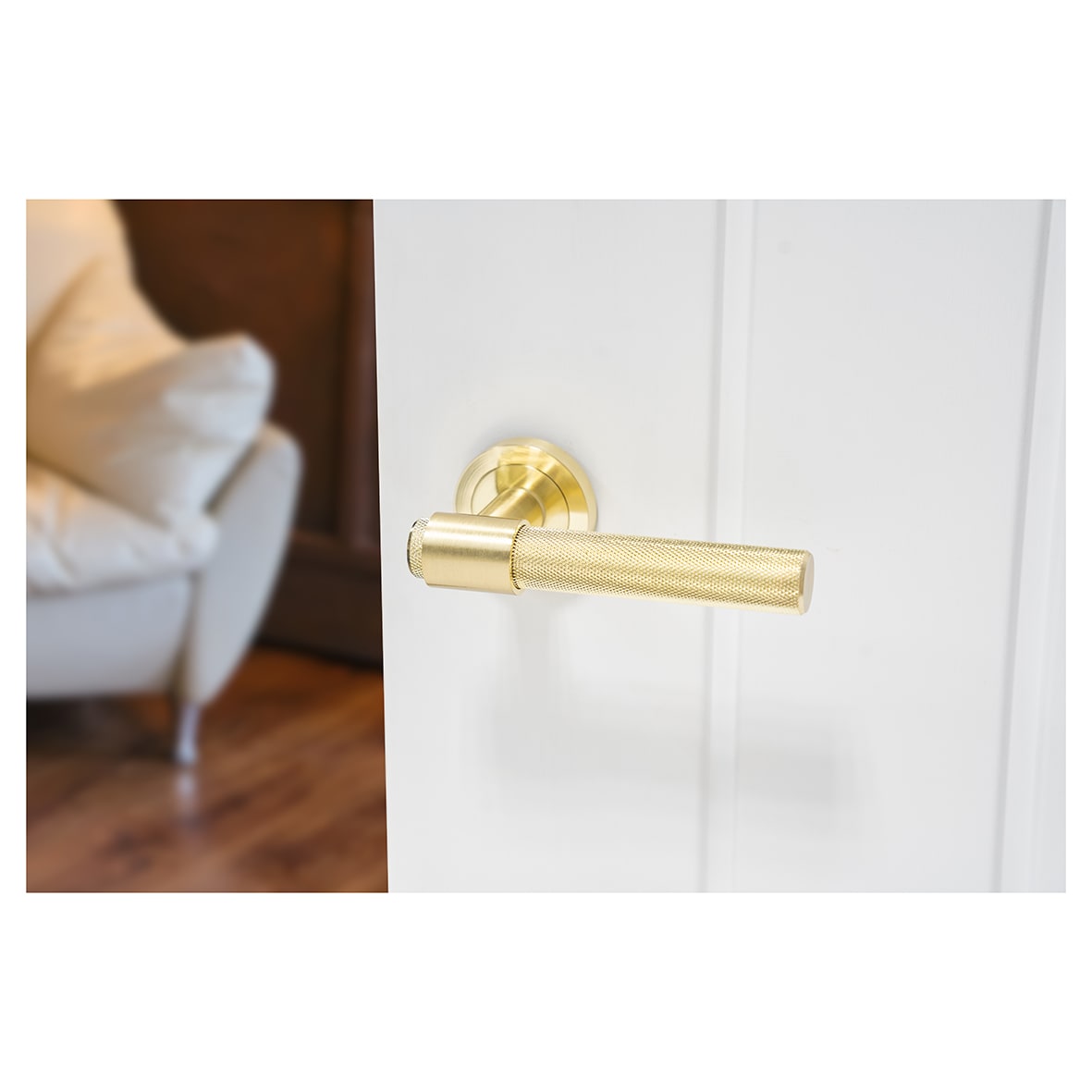 Satin Brass Knurled Door Handles on Round Rose - Esme Range - view 4