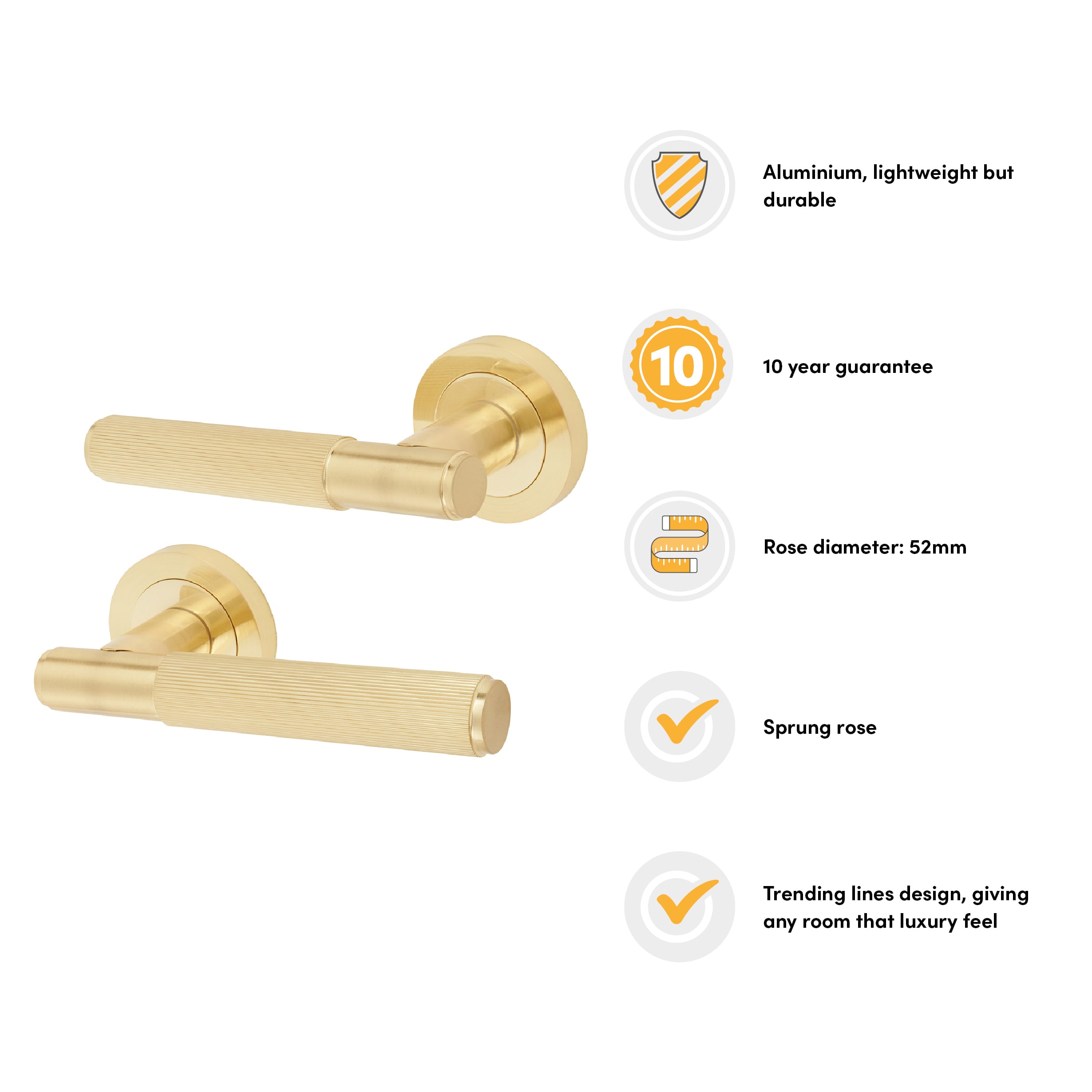Satin Brass Lines Door Handles on Round Rose - Nova Range - view 2