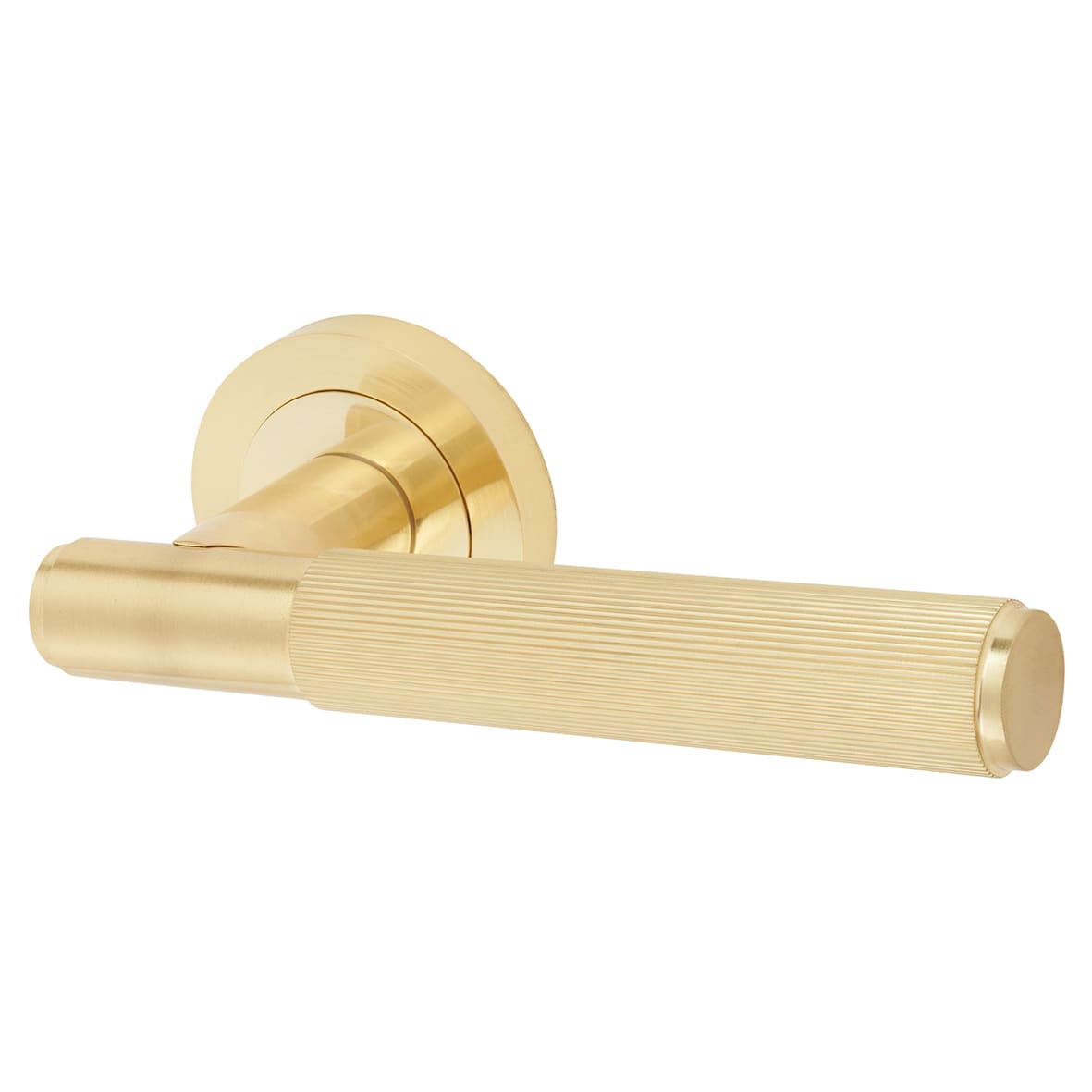 Satin Brass Lines Door Handles on Round Rose - Nova Range - view 3