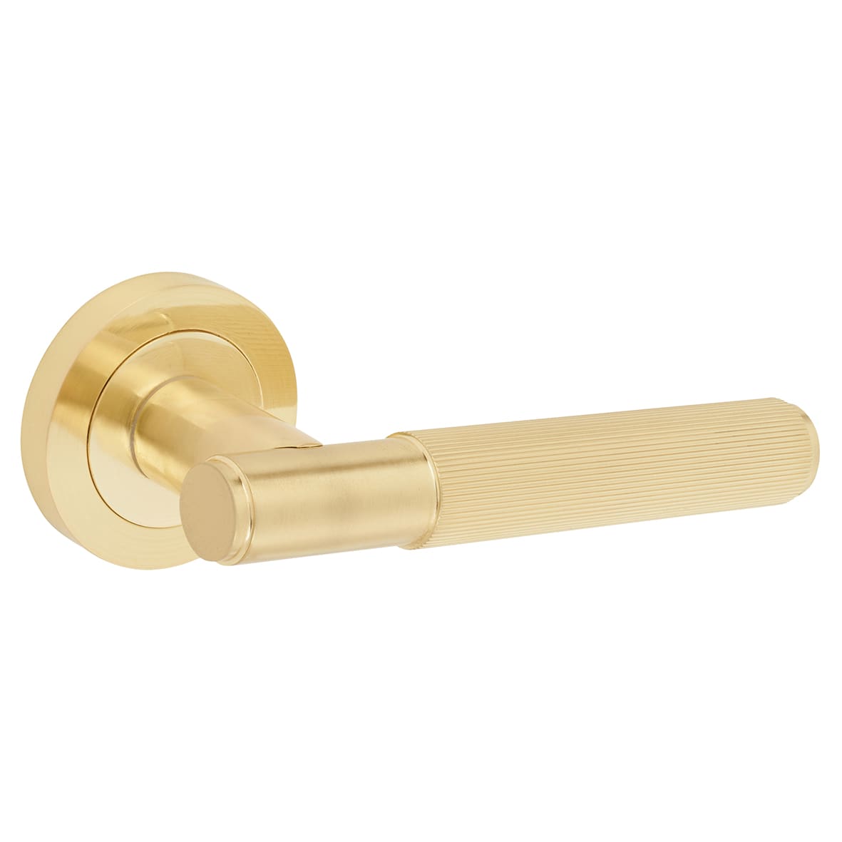 Satin Brass Lines Door Handles on Round Rose - Nova Range - view 4