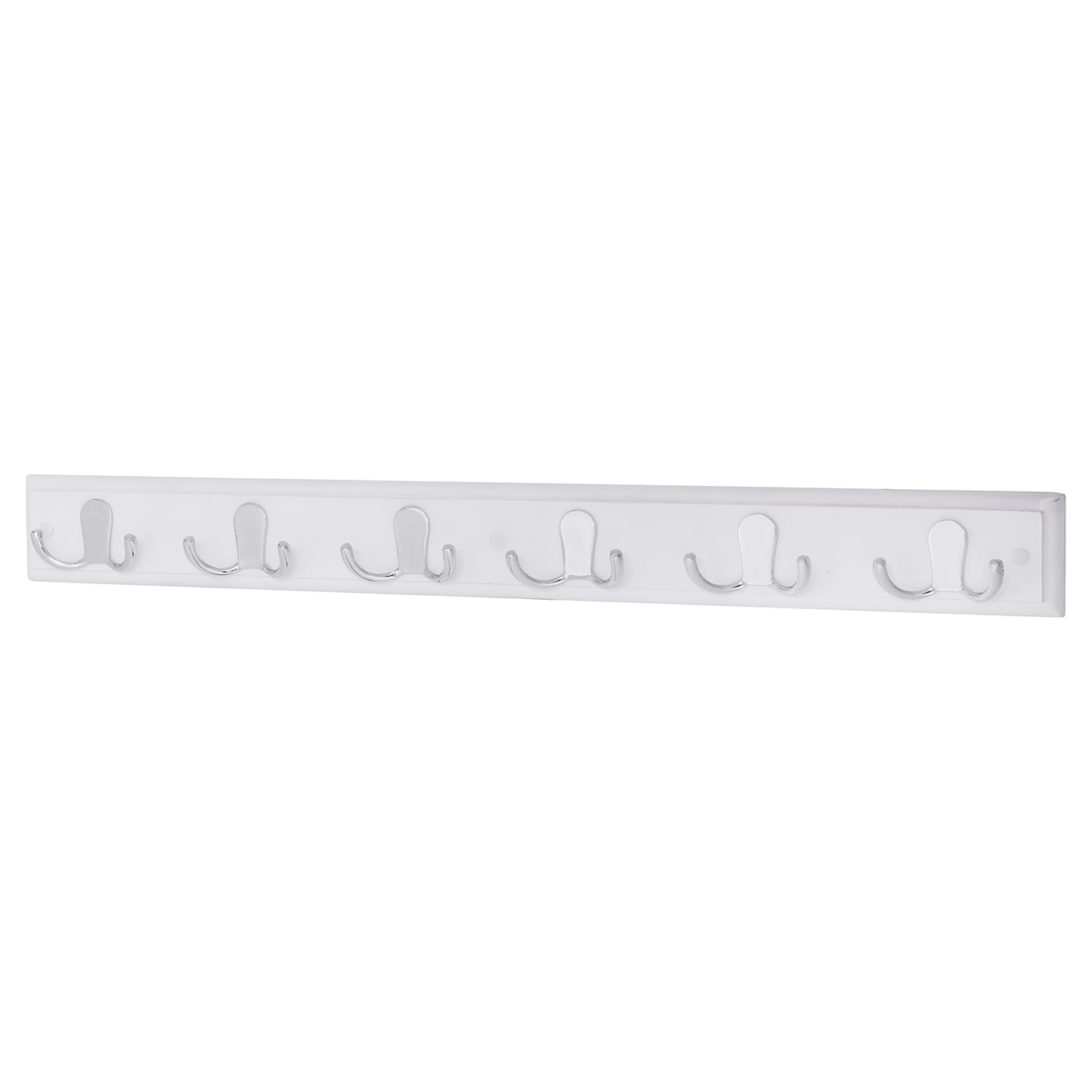 Double Coat Hook Rail - 685 x 70 x 15mm - 6 Hooks - White Board with Polished Chrome Hooks - view 2