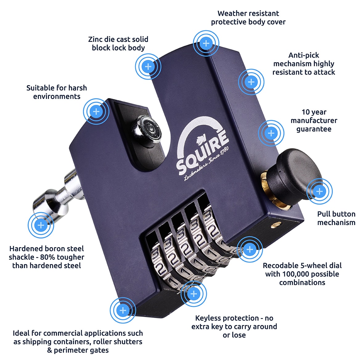 Security Combination Padlock - 75mm Body - 15 x 20 x 65mm Shackle - Blue - view 6