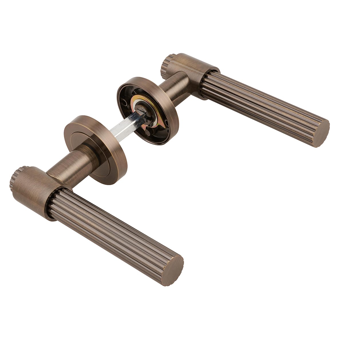 Antique Brass Lines Door Handles on Round Rose - Eva Range - view 5
