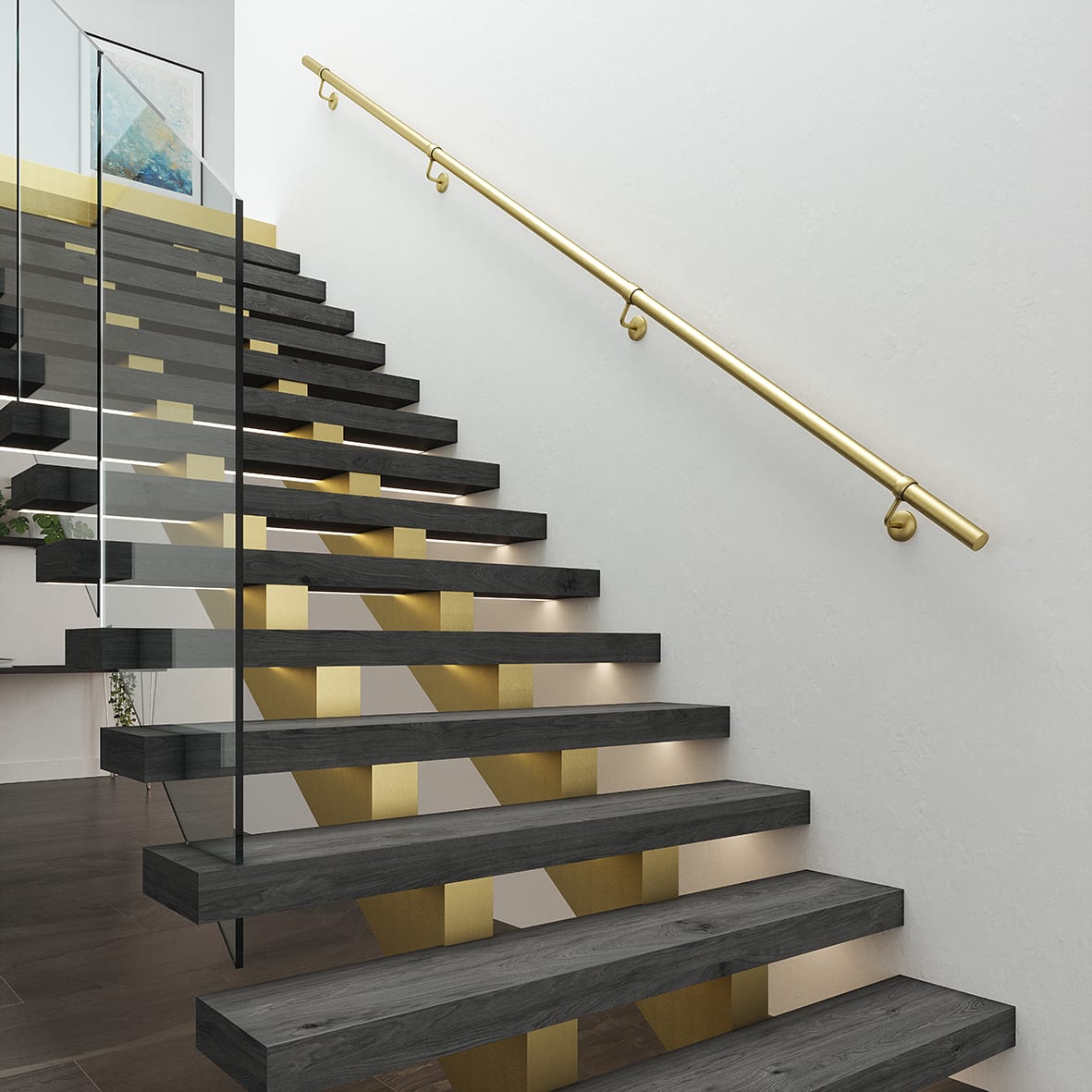 40mm Handrail Banister Staircase Rail Support Kit - 3600mm Length - Satin Brass - view 3