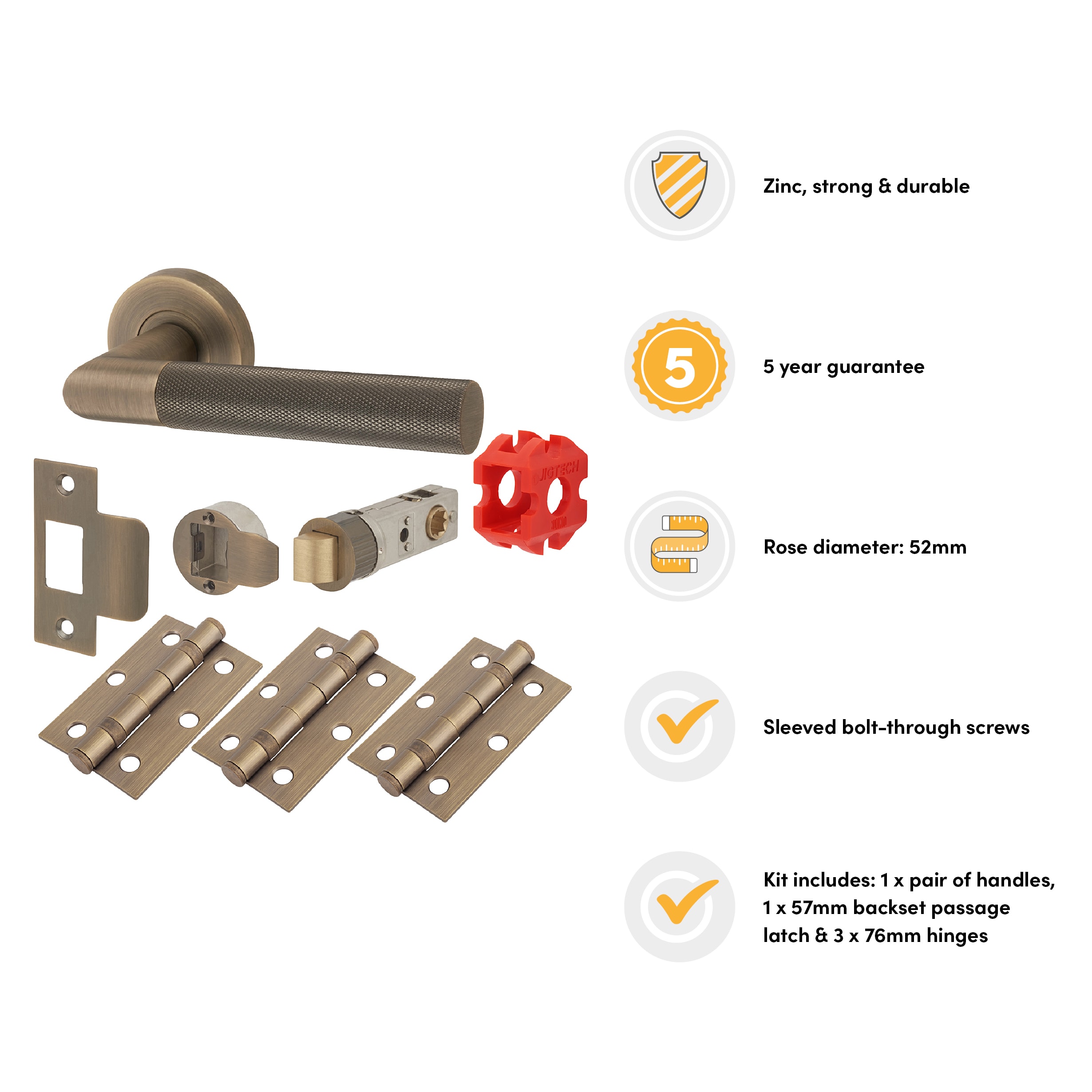 Matt Antique Brass Knurled Latch Door Handles on Rose Pack - Passage - Tactil Range - view 2