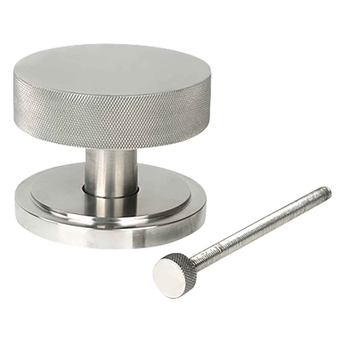 Brompton Satin Stainless Round Knurled Centre Door Knob on Art Deco Rose - 90mm Rose Diameter - view 2