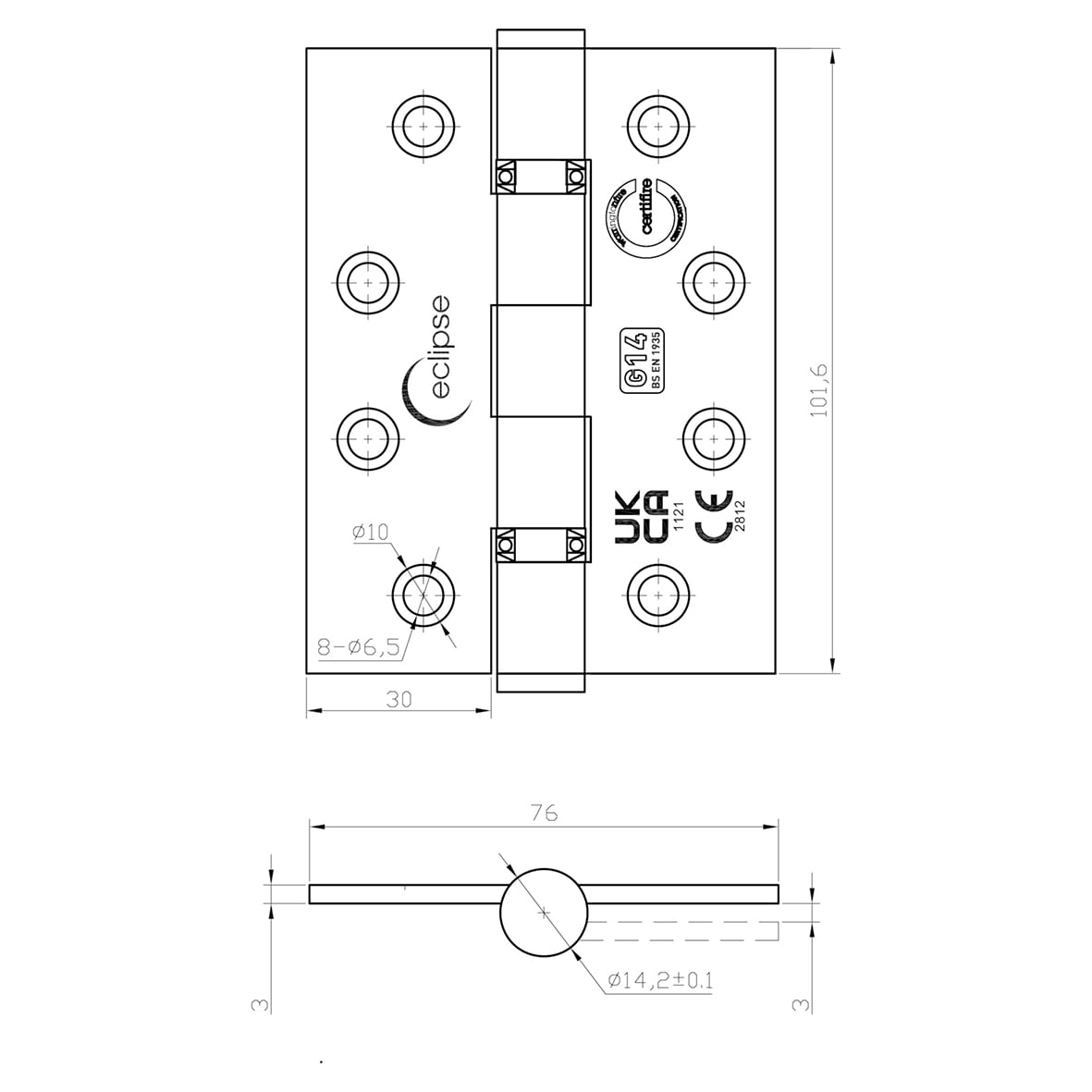 Ball Bearing Grade 14 Butt Fire Door Hinge - 102 x 76 x 3mm - Satin Stainless - Pair - view 3