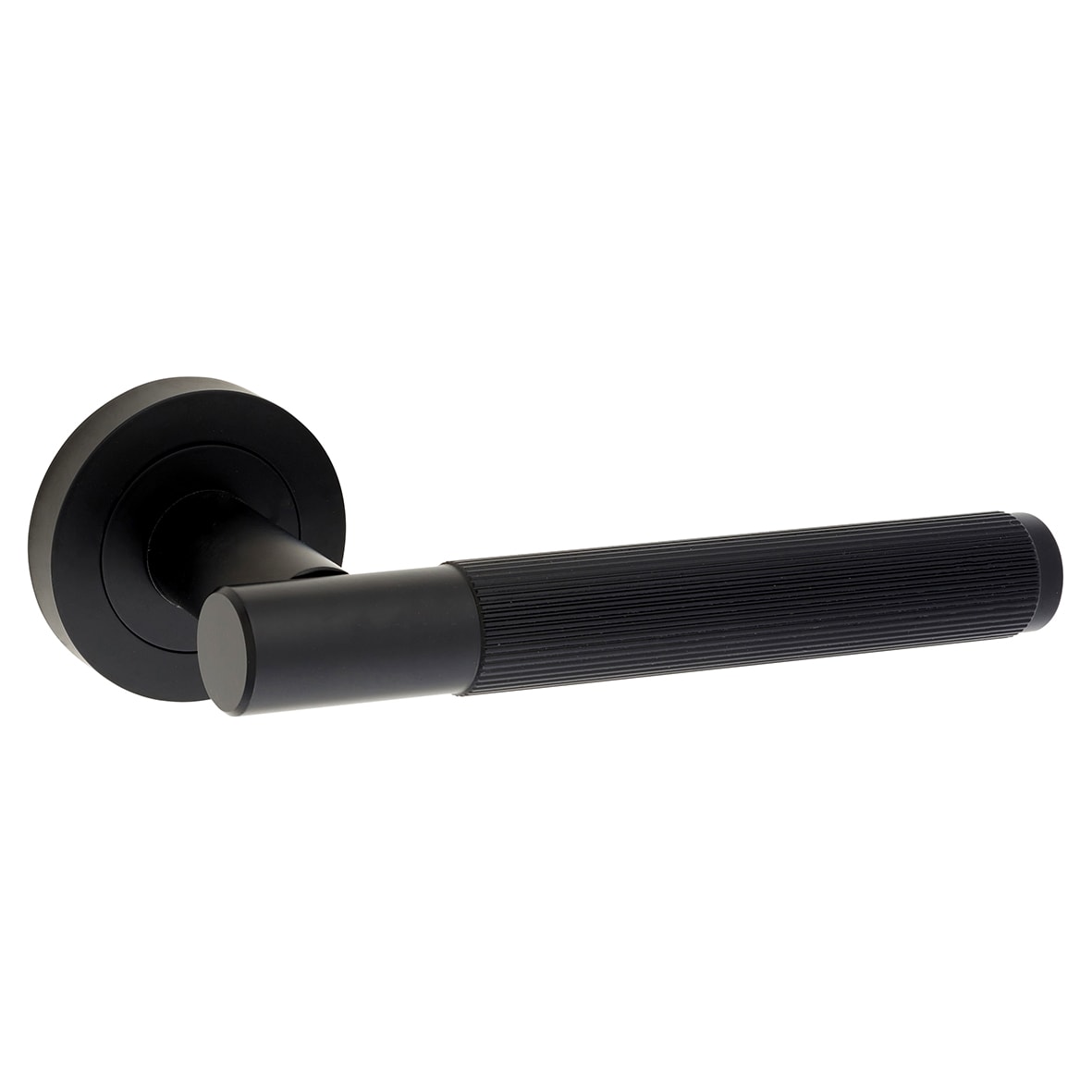 Matt Black Fire Rated Lines Door Handles on Rose - Venice Range - view 2