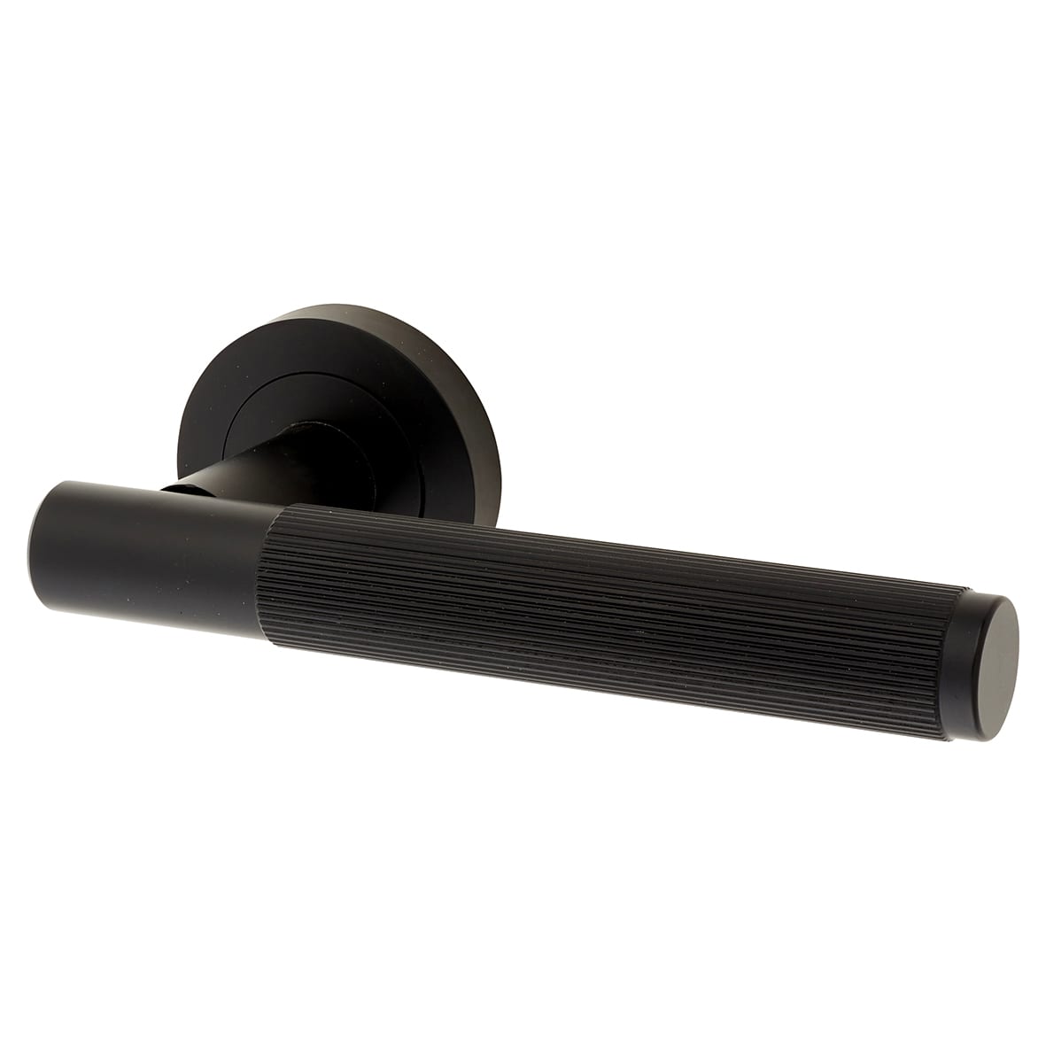 Matt Black Fire Rated Lines Door Handles on Rose - Venice Range - view 3