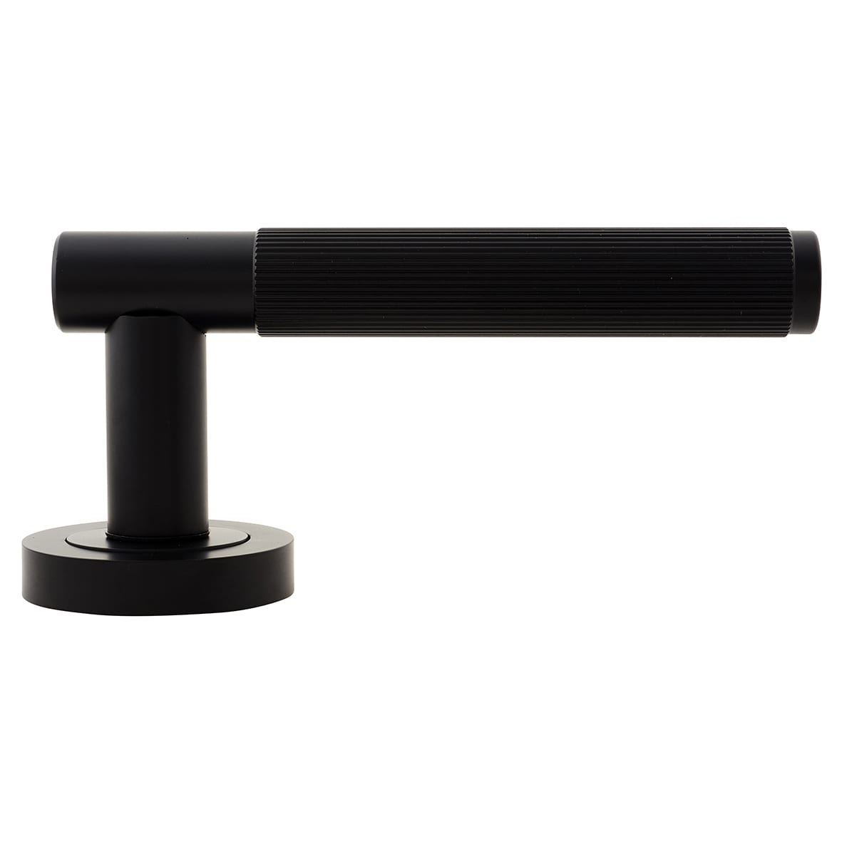 Matt Black Fire Rated Lines Door Handles on Rose - Venice Range - view 4