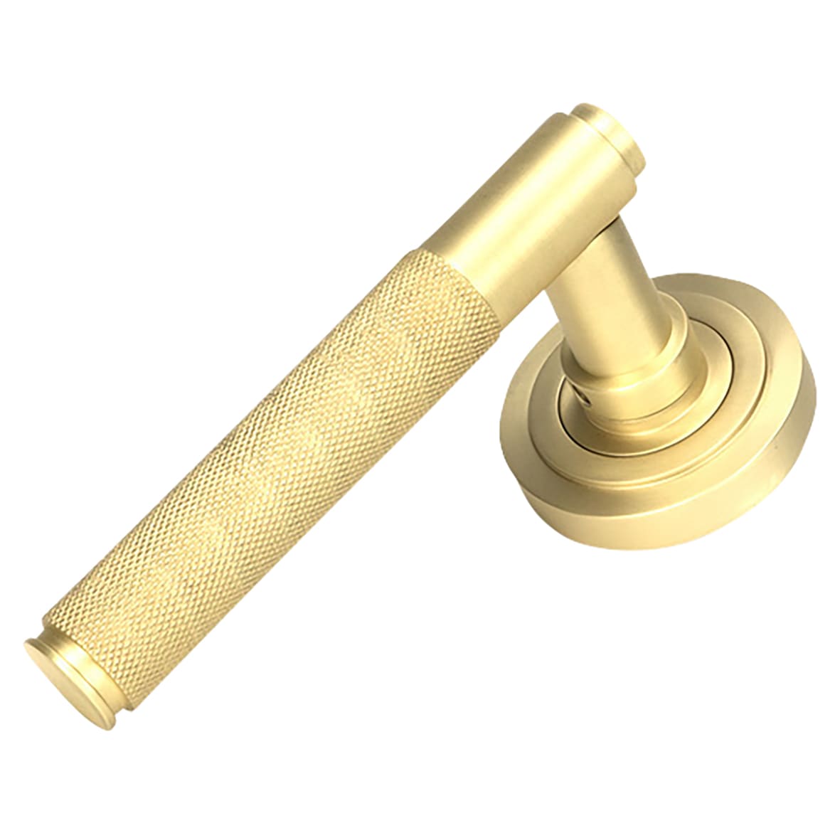 Satin Brass Knurled Door Handles on Round Art Deco Rose - Brompton Range - view 2