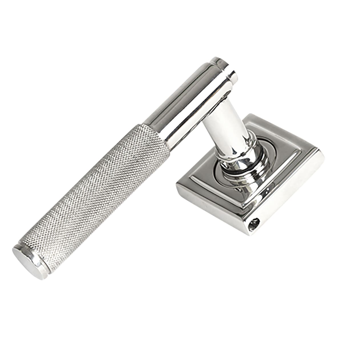 Satin Stainless Steel Knurled Door Handles on Square Rose - Brompton Range - view 2