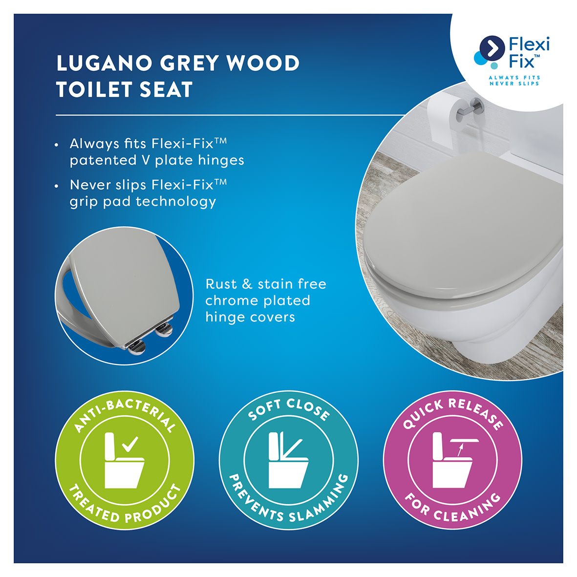 Lugano Flexi-Fix Soft Close Wooden Toilet Seat - Grey - view 5