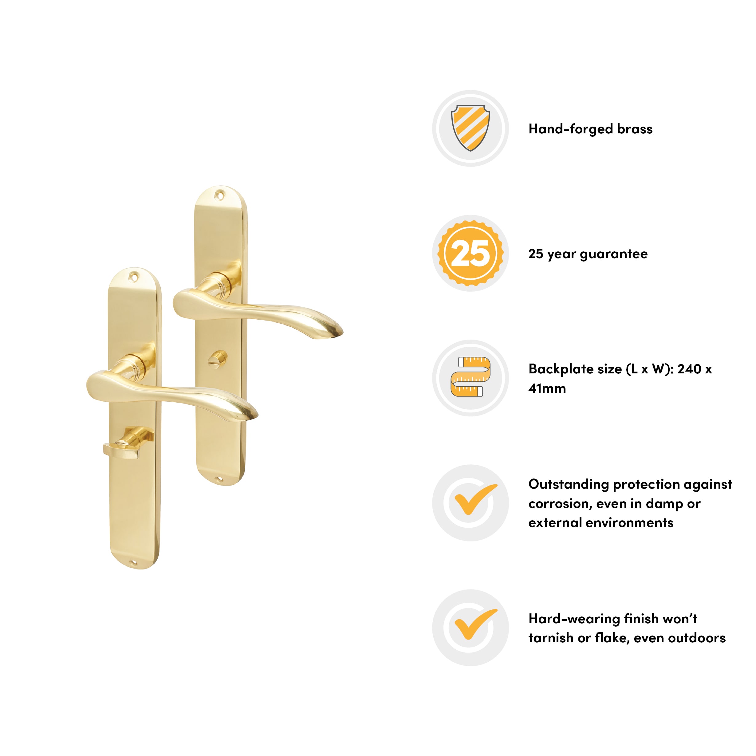 Polished Brass Bathroom Door Handles - Long Plate - Altea Range - 240 x 41mm - view 3