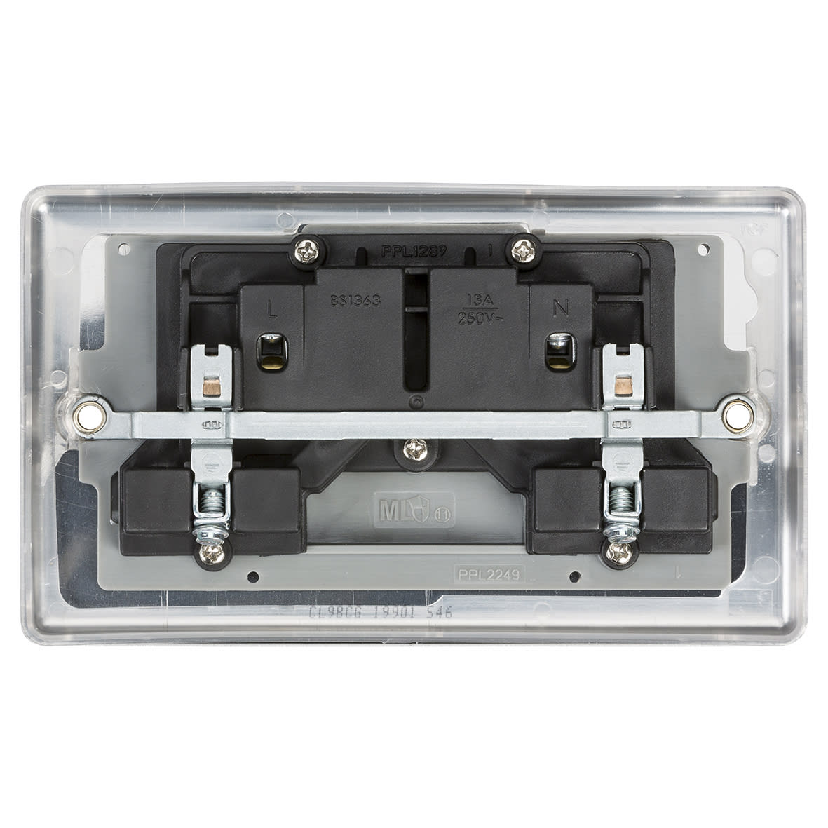13A 2 Gang DP Switched Socket with Twin Earths - Brushed Chrome with Grey Insert - view 3
