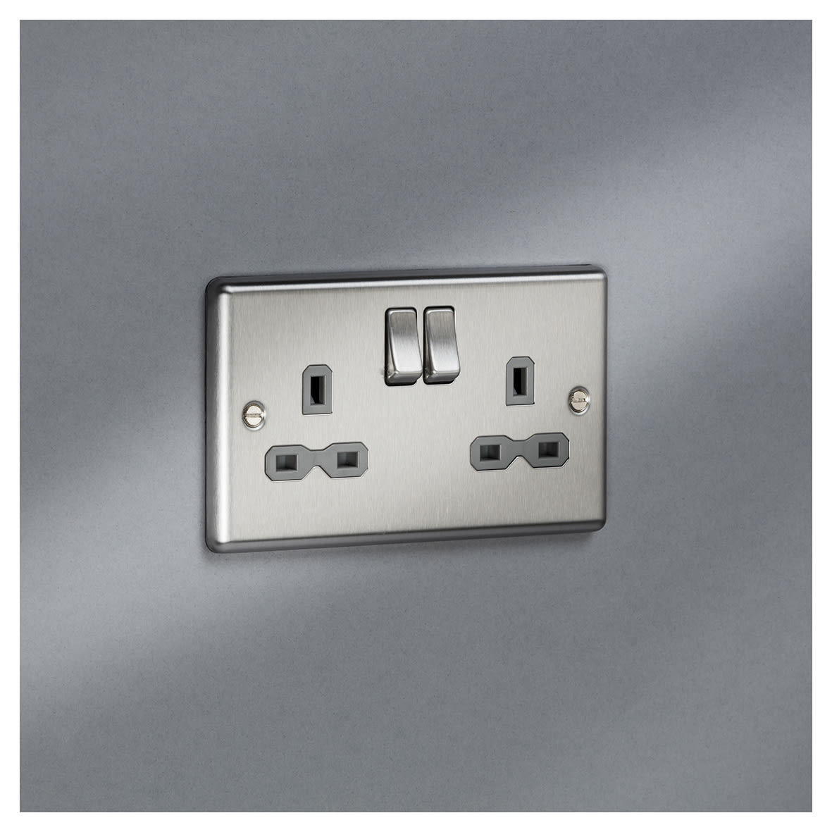 13A 2 Gang DP Switched Socket with Twin Earths - Brushed Chrome with Grey Insert - view 4