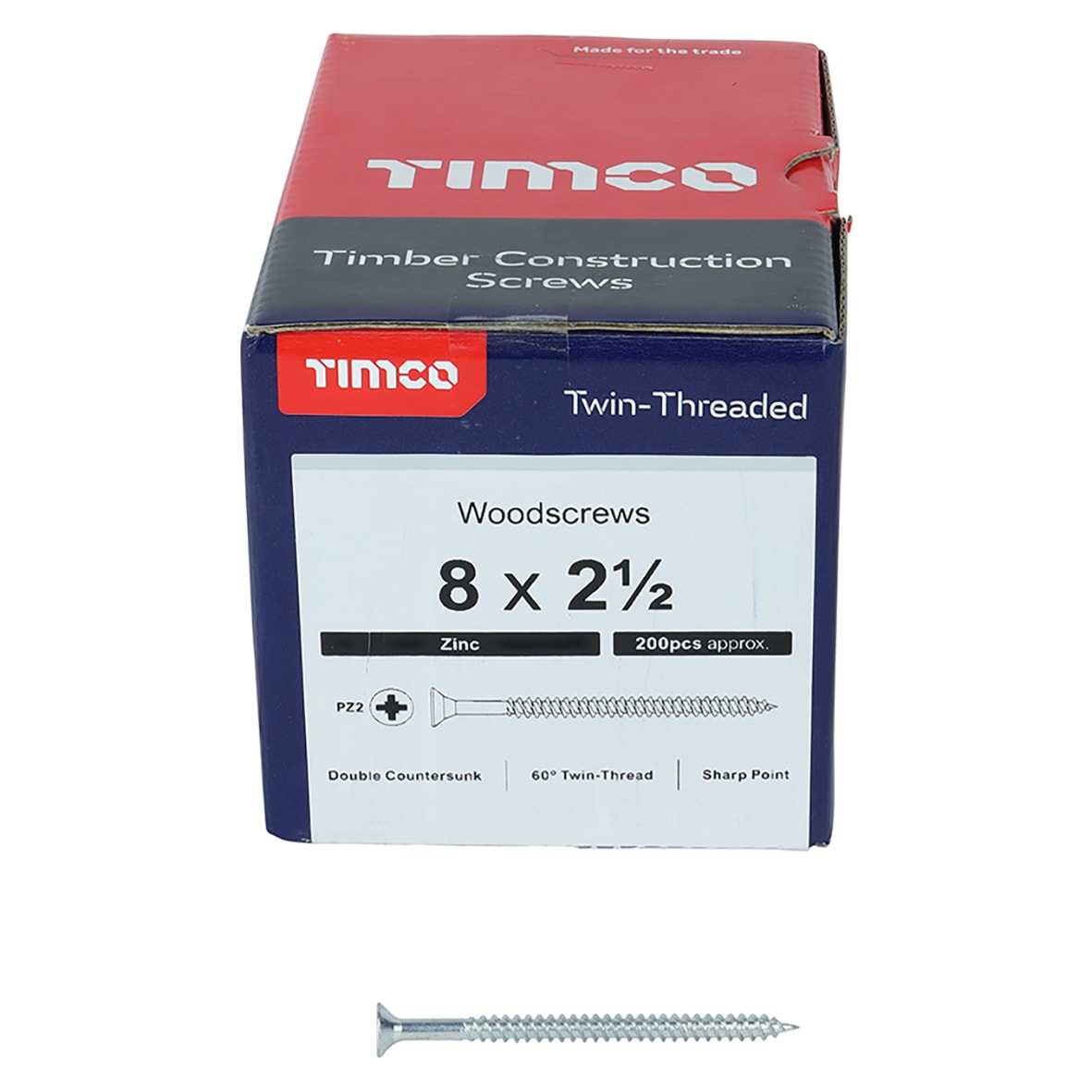 Twin Threaded Pozi Countersunk Wood Screws - 8 x 2 1/2" - Zinc Plated - Pack of 200 - view 2