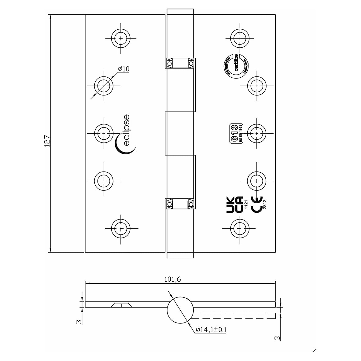 Ball Bearing Grade 13 Butt Fire Door Hinge - 127 x 102 x 3mm - Satin Stainless Steel - Pair - view 3