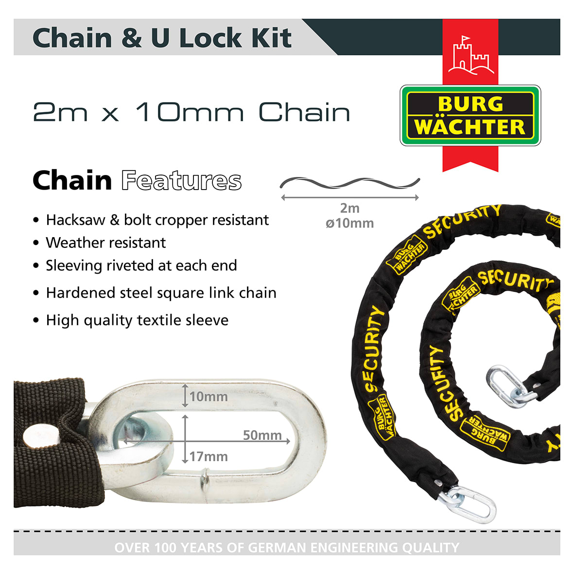 2m Chain & U-Lock/Padlock Security Kit - 108 x 55 x 53mm - Black - view 3