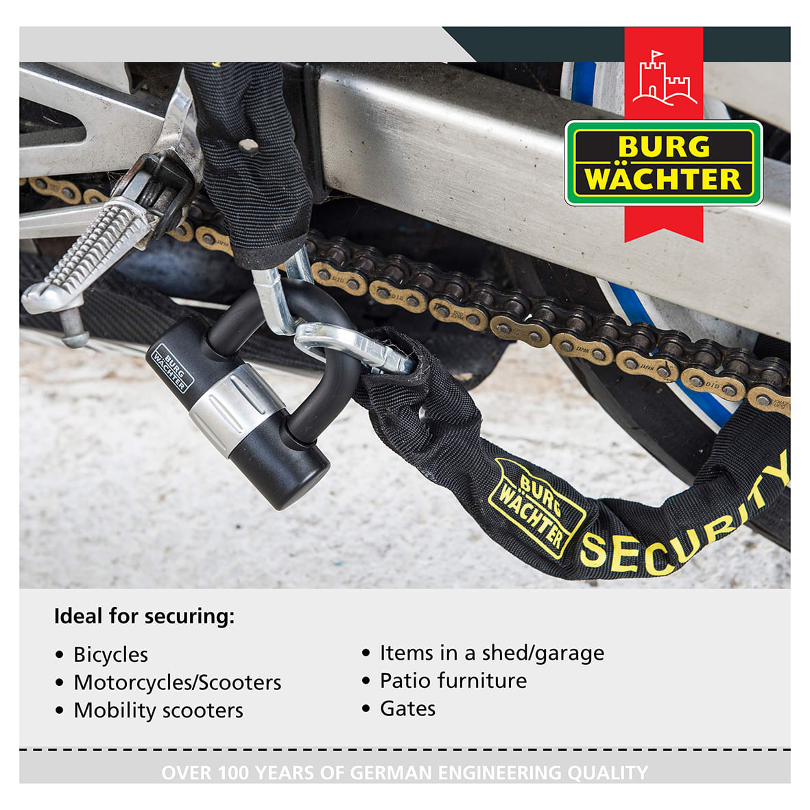 2m Chain & U-Lock/Padlock Security Kit - 108 x 55 x 53mm - Black - view 5