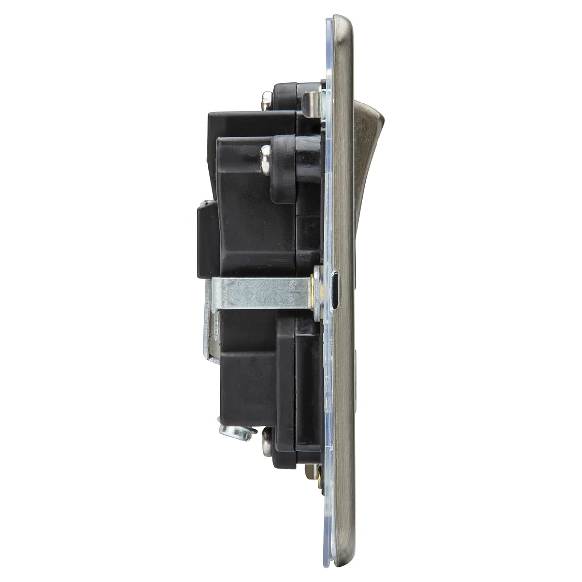 13A 1 Gang Screwless Flat Plate Double Pole Switched Socket - Antique Brass/Black - view 2