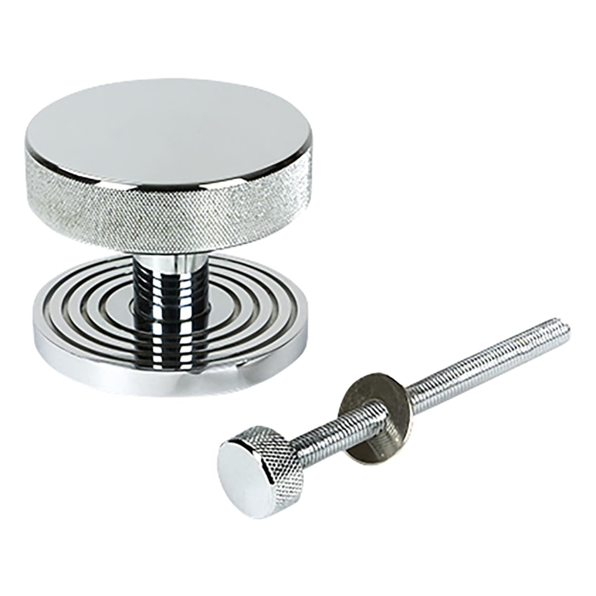 Brompton Polished Chrome Round Knurled Centre Door Knob on Beehive Rose - 90mm Rose Diameter - view 2