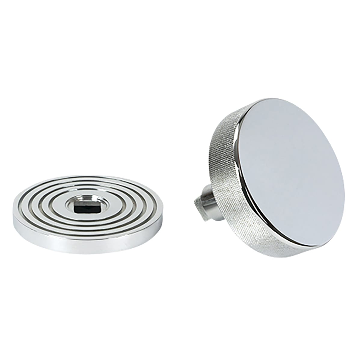 Brompton Polished Chrome Round Knurled Centre Door Knob on Beehive Rose - 90mm Rose Diameter - view 3