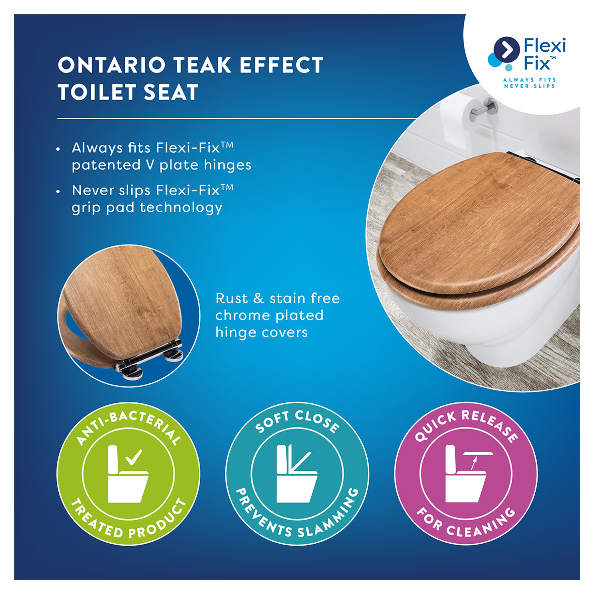 Ontario Flexi-Fix Soft Close Wooden Toilet Seat with Chrome Hinges - Teak - view 5