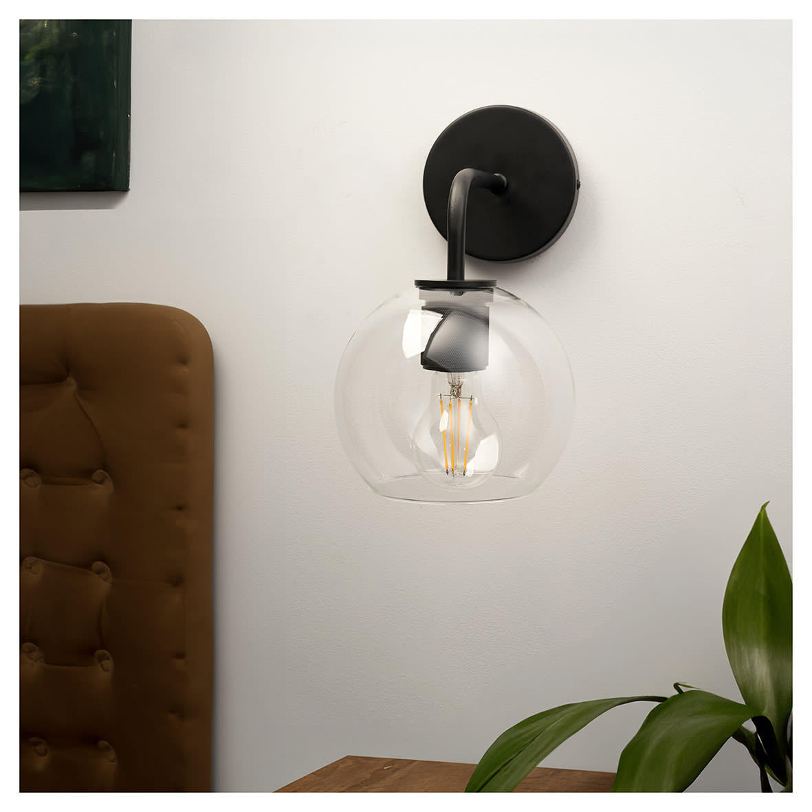 Noord Knurled Indoor Wall Light - Matt Black Fittings and Domed Clear Glass Shade - view 2