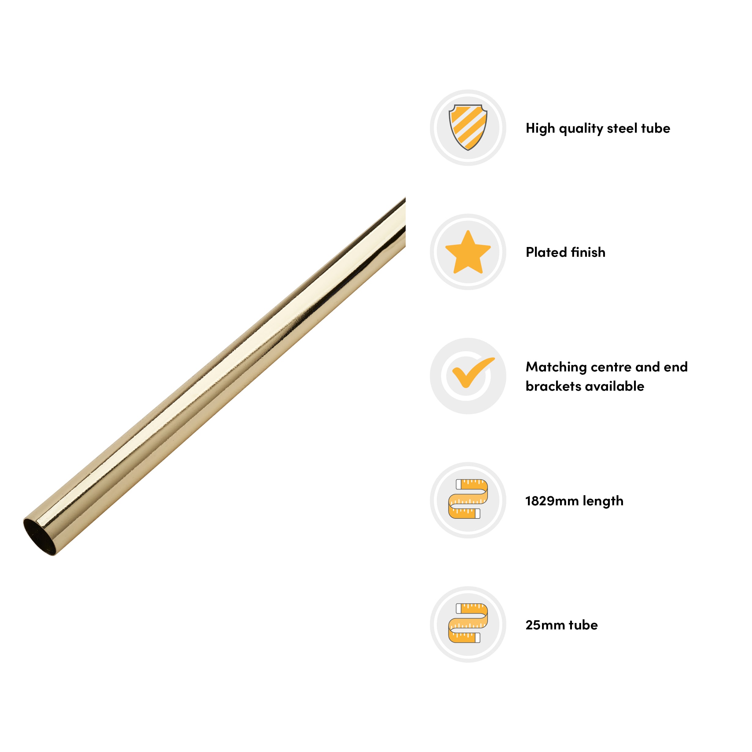 25mm Round Steel Hanging Rail Tube - 1829mm Length - Polished Brass - view 3