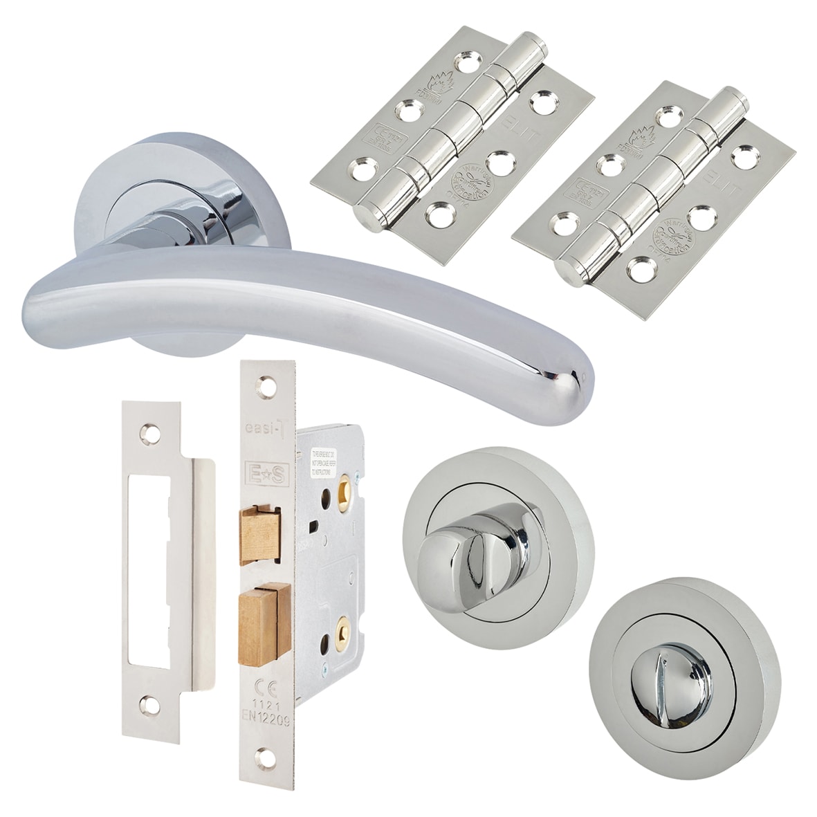 Polished Chrome Bathroom Lock Door Handles on Rose Pack - Carina Range - view 2