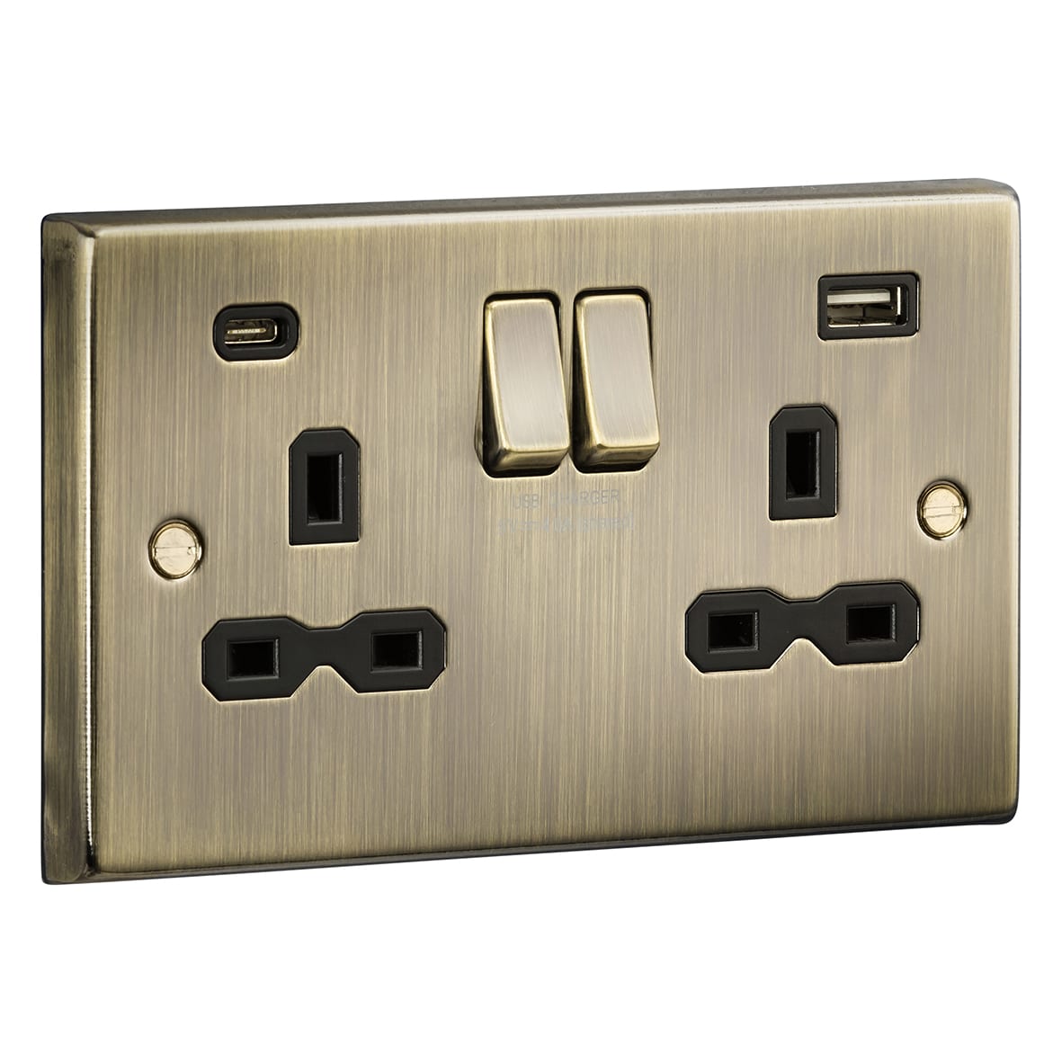 13A 2 Gang Type A/C USB Socket with 2 x USB - 4A - Antique Brass/Black - view 2