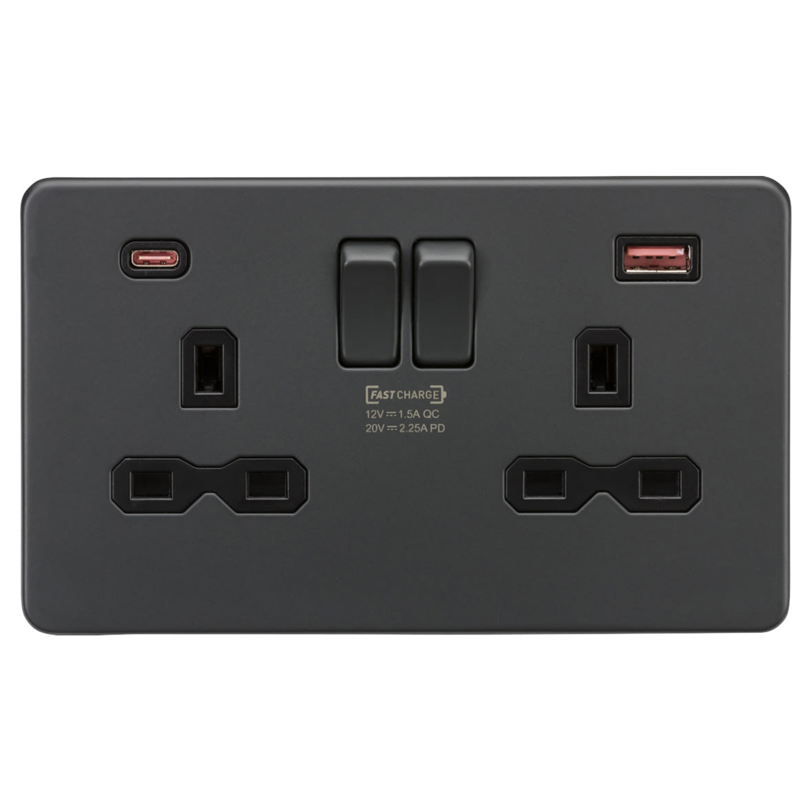 13A 2 Gang Type A/QC18W Type C/PD45W USB Socket with 2 x USB - Anthracite Grey/Black - view 2