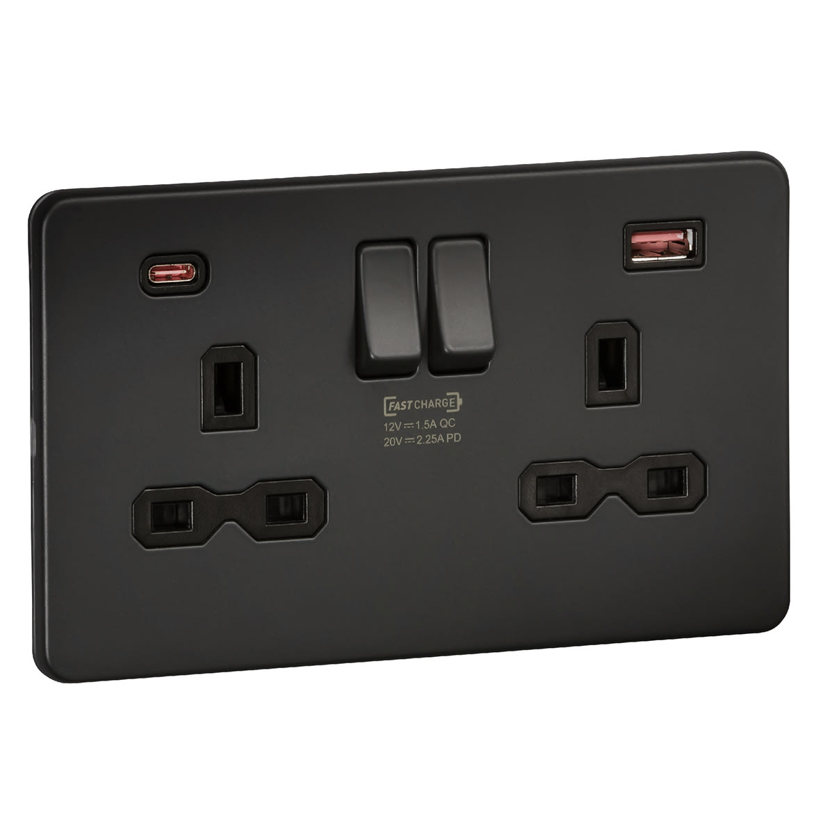 13A 2 Gang Type A/QC18W Type C/PD45W USB Socket with 2 x USB - Anthracite Grey/Black - view 3