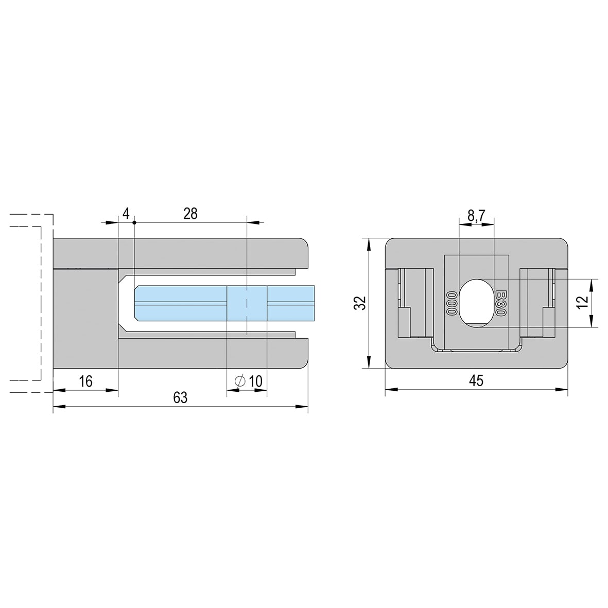 D Shaped Balustrade Clamps & Inserts - 10mm Glass - 63mm x 45mm - Polished Chrome - Pack of 4 - view 4