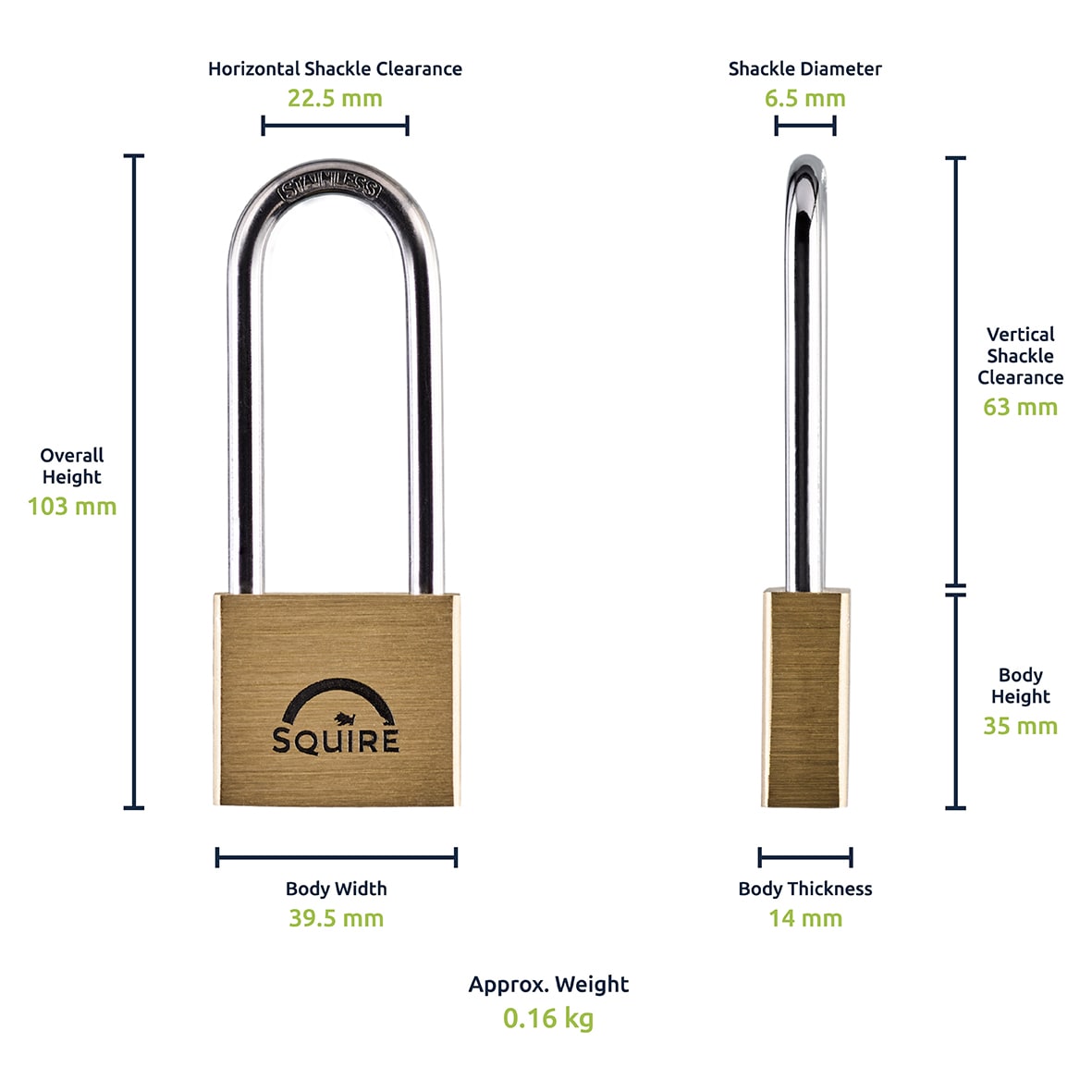 LN4S/2.5 Lion Marine Grade Open Long Shackle Padlock - 40mm Body - 63 x 22.5mm Shackle - Brass - view 3