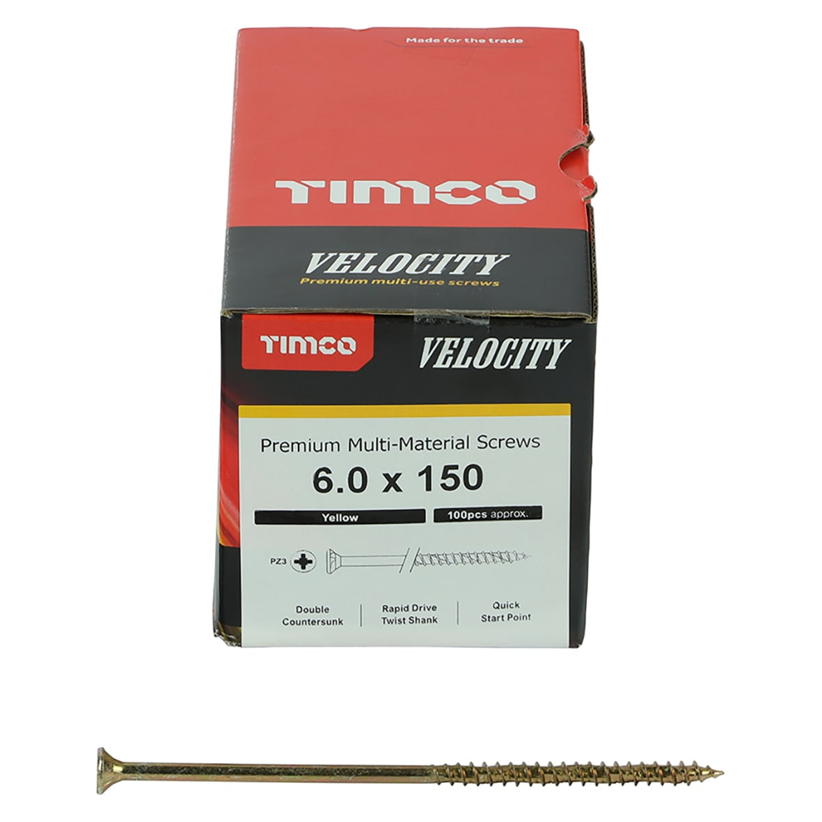 Velocity Pozi Countersunk Wood Screws - 6.0 x 150mm - Yellow Zinc - Pack of 100 - view 2
