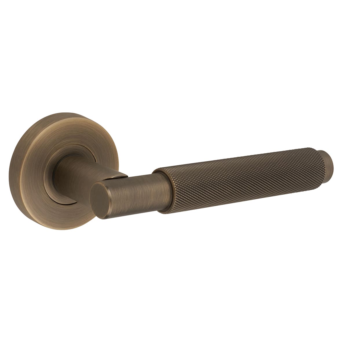 Matt Antique Brass Knurled Door Handles on Round Rose - Textura Range - view 2