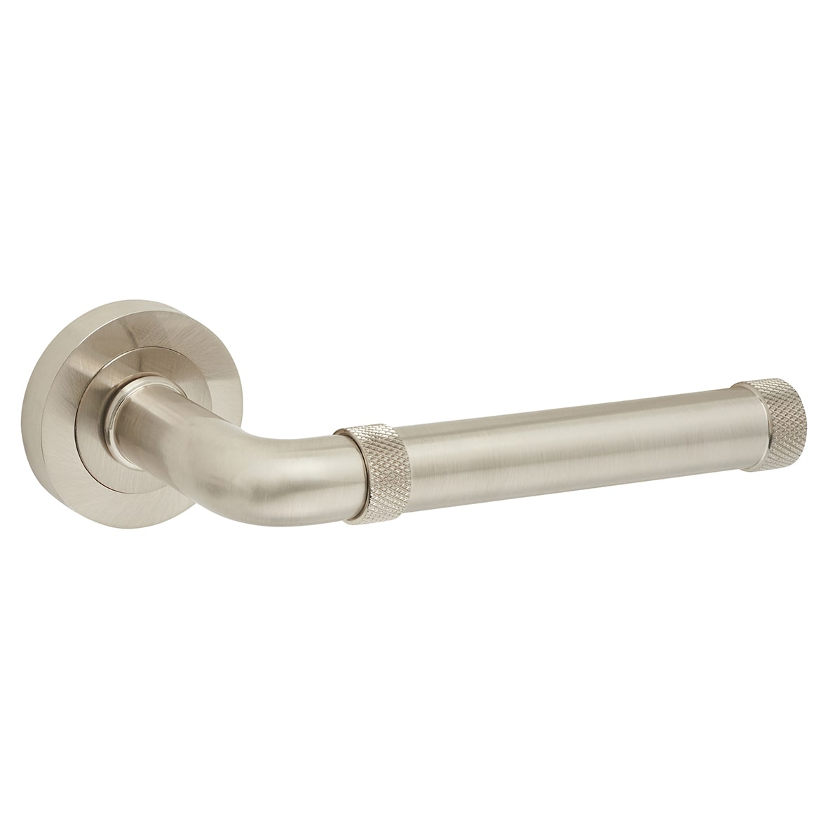 Satin Nickel Fire Rated Knurled Door Handles on Round Rose - Midtown Range - view 2